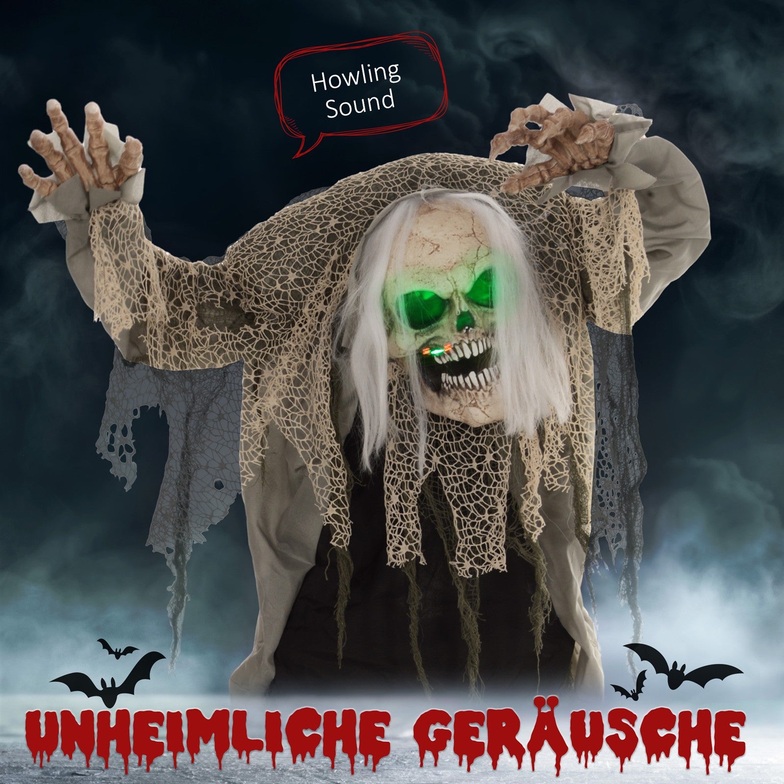 Skelettgespenst, Helloweendeko, gruseliges Heulen, rote Augen, bewegliche Arme, 160 cm