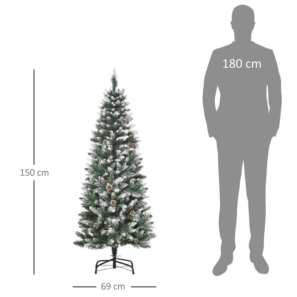 Künstlicher Weihnachtsbaum, 630 Zweige, 37 Zapfen, verschneite Spitzen, feuerfest, 150 cm