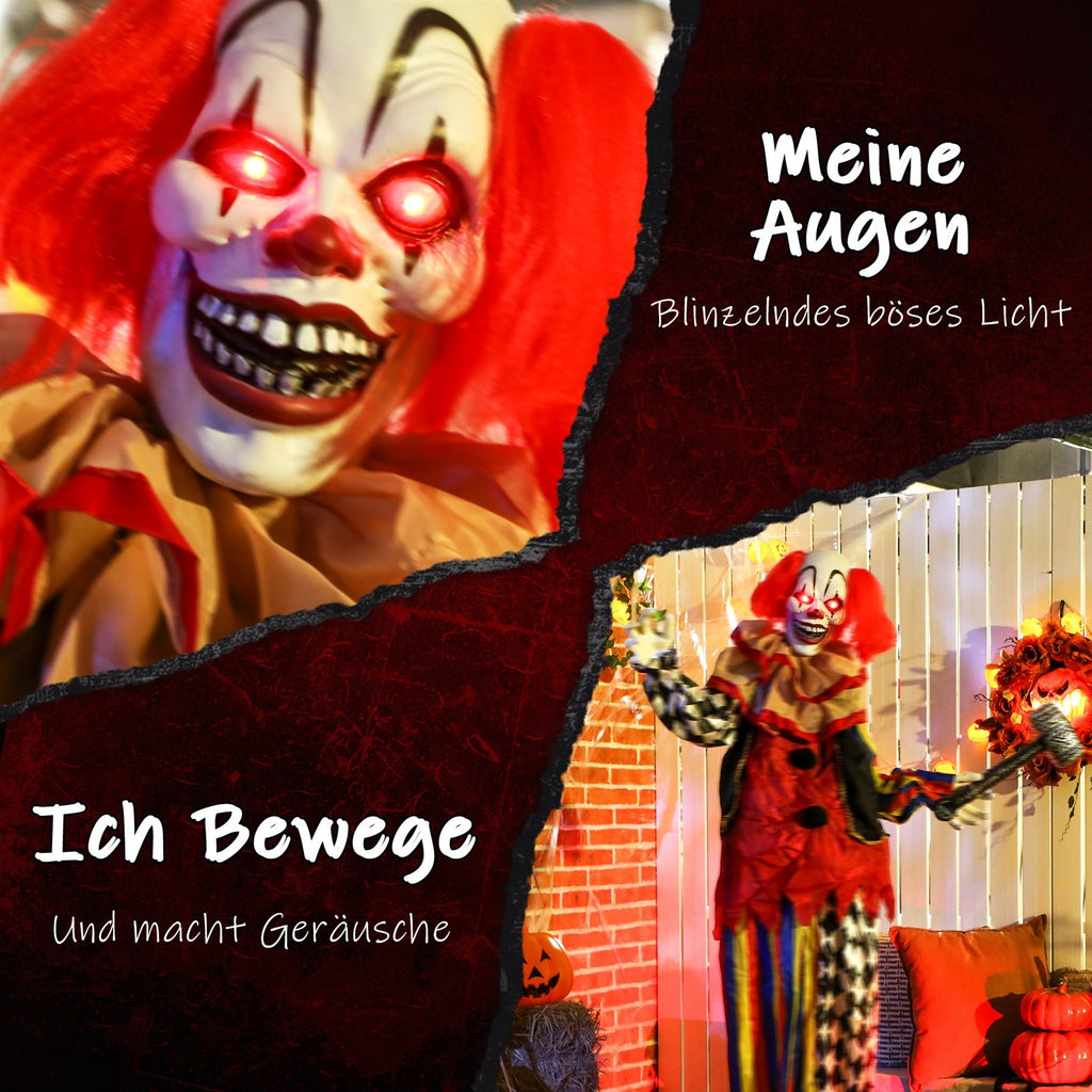 Grusel-Clown, Halloween-Animatronik, 173 cm, leuchtende Augen, Geräusch-Aktivierung, bewegliche Arme und Kopf, Batteriebetrieb, Kunststoff, Metall, Rot