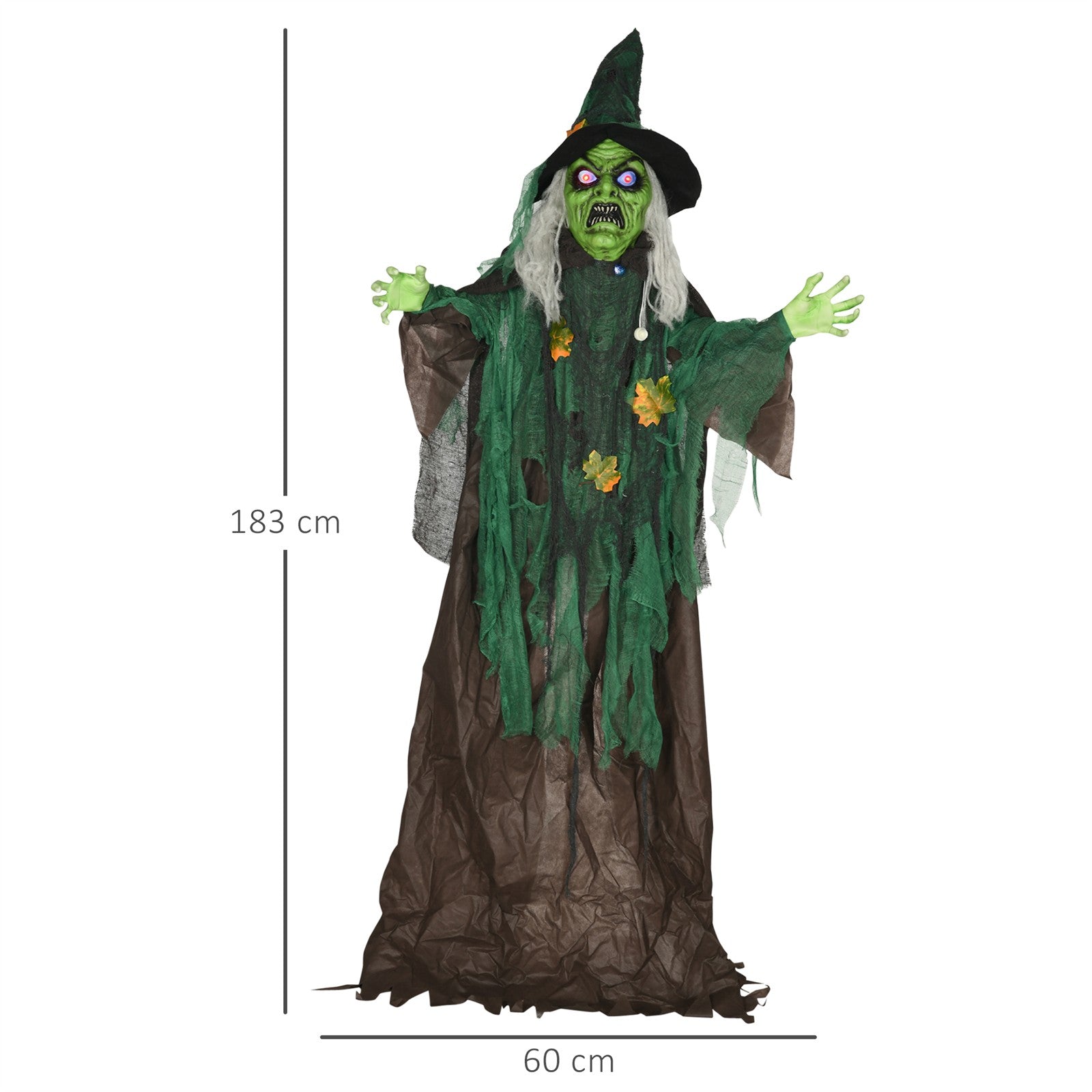Halloween-Hexe, Halloween-Dekoration, Soundfunktion, mit Bewegungssensor und LED-Lichtern, 60 cm x 18 cm x 183 cm
