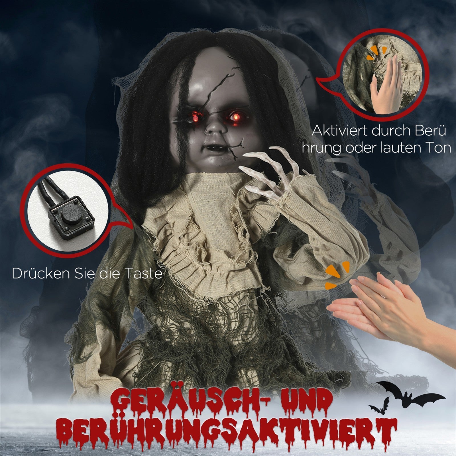 Halloween Dekoration Geisterpuppe mit Spezialeffekten und Soundfunktion 80 cm x 23 cm x 83 cm