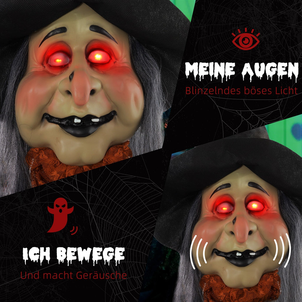 Hexe mit Zaubertrank, Helloweendeko, gruselige Laute, rote Augen, beweglich, 183 cm