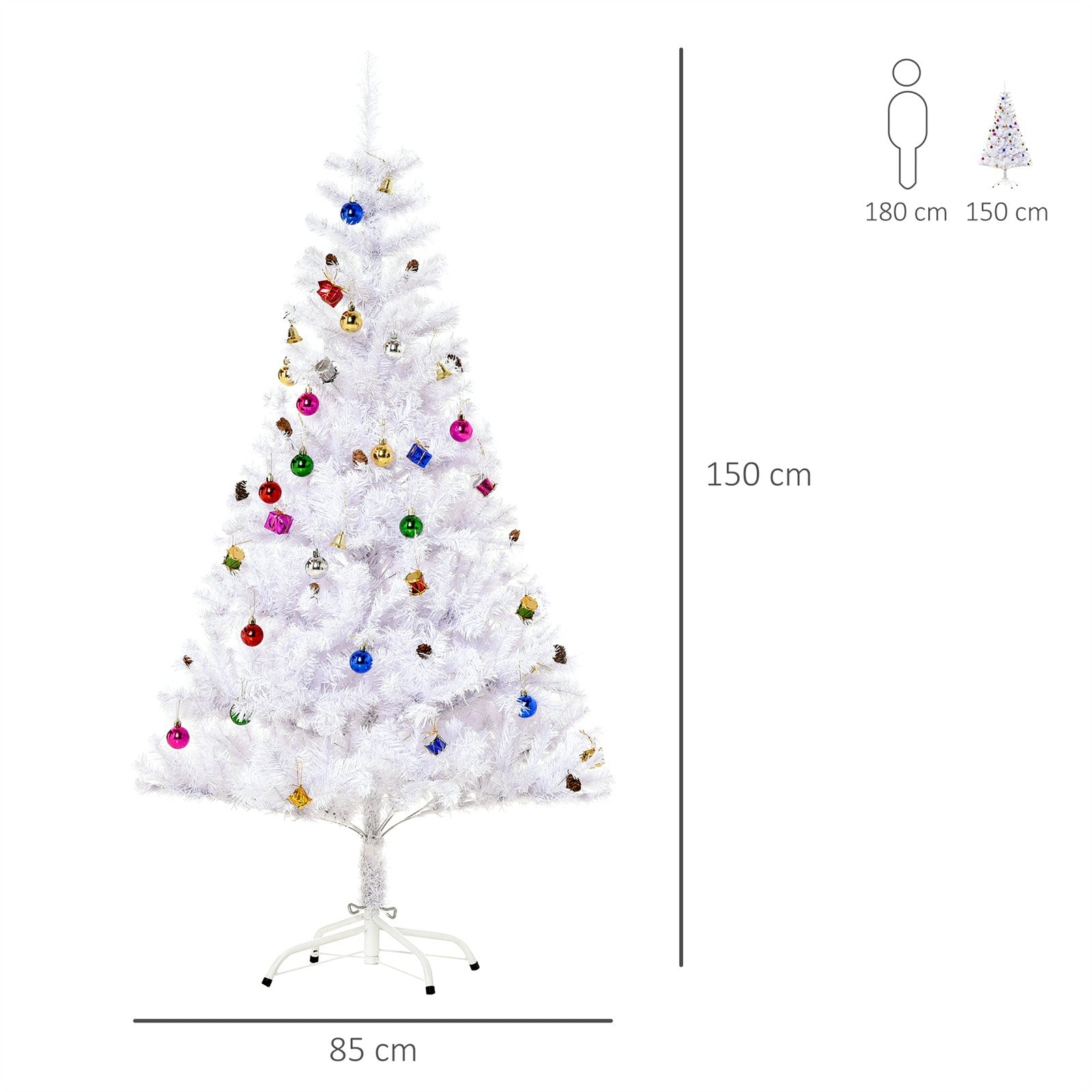 Künstlicher Weihnachtsbaum 150 cm künstlich Tannenbaum mit Kugeln, Glocken, Trommeln, Geschenkboxen, Christbaum mit 680 Spitzen, 12 Tannenzapfen Weihnachtsdeko inkl. Metallständer für drinnen