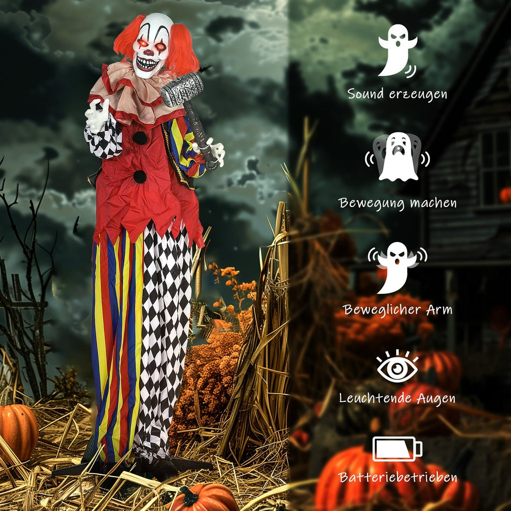Grusel-Clown, Halloween-Animatronik, 173 cm, leuchtende Augen, Geräusch-Aktivierung, bewegliche Arme und Kopf, Batteriebetrieb, Kunststoff, Metall, Rot