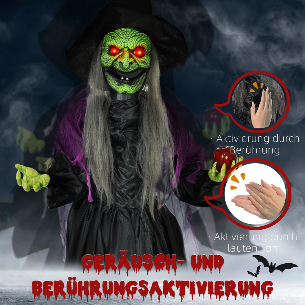 Hexe mit Giftapfel, Helloweendeko, gruselige Laute, rote Augen, bewegliche Arme, 180 cm