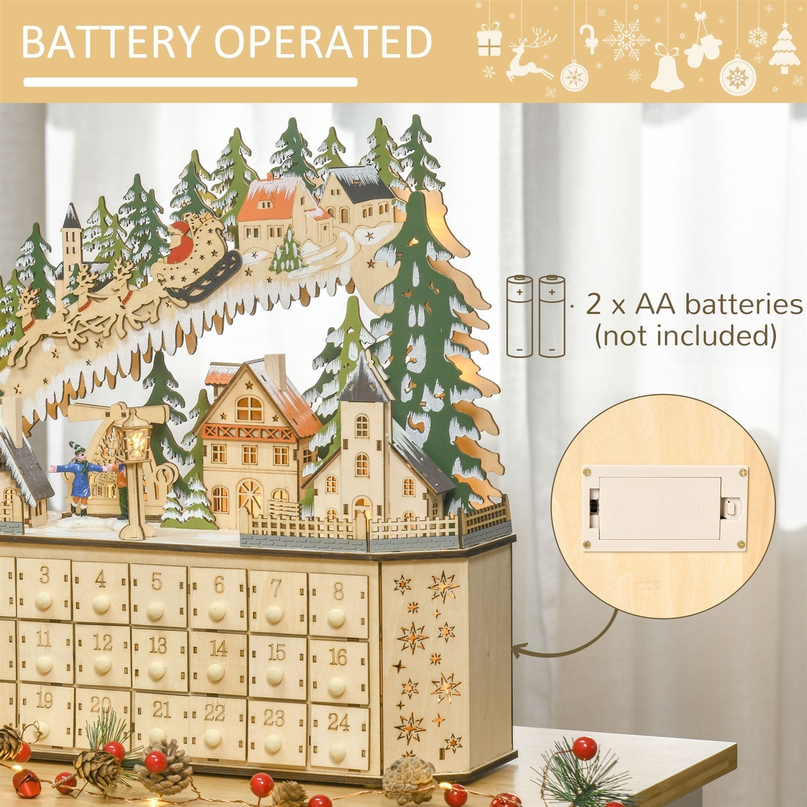 Adventskalender Weichnachtsdekoration Weihnachtsdeko, 24 Schubladen, LED-Lichter, 39 cm x 9 cm x 42 cm, Weiß + Grün