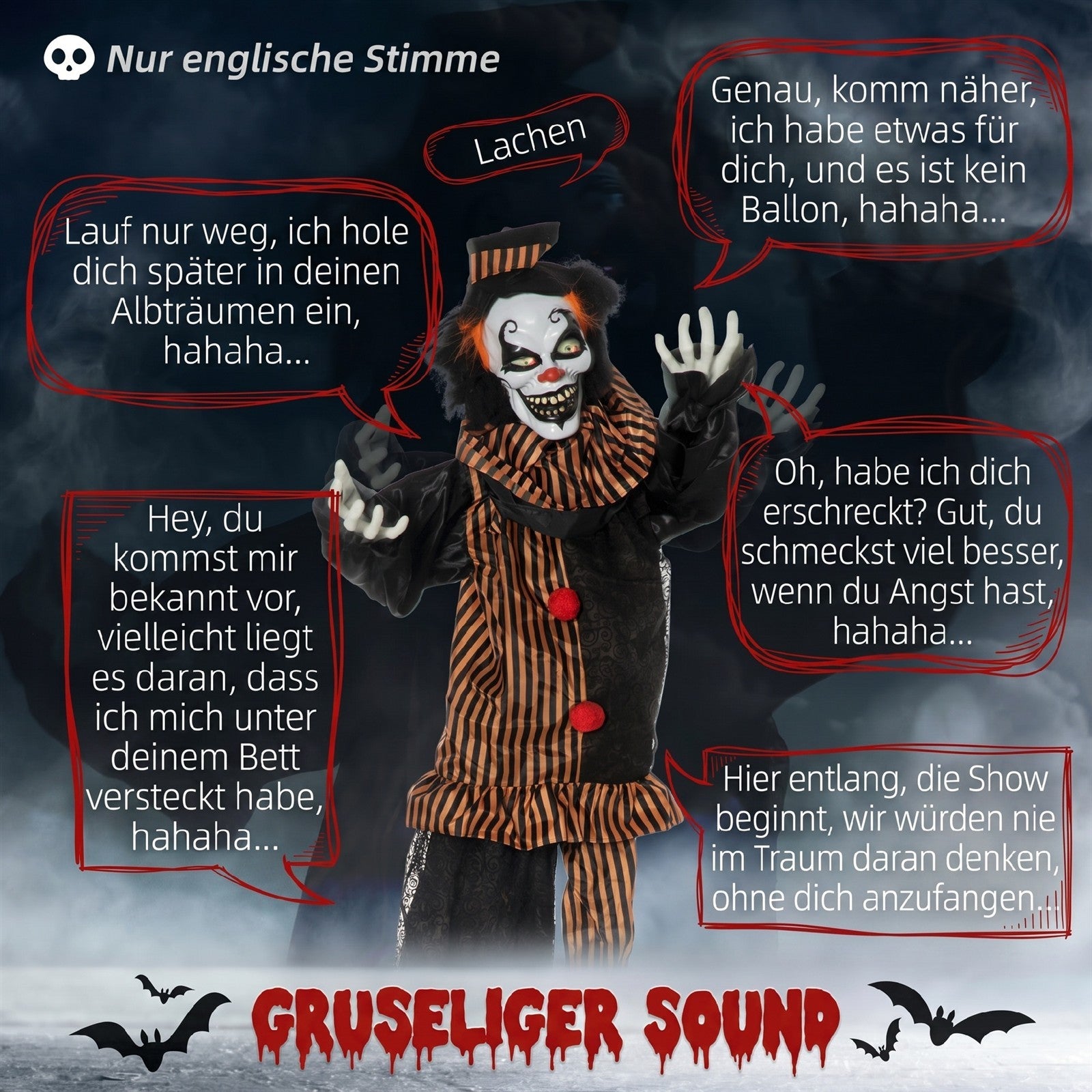 Halloween-Dekoration Horror-Clown mit Spezialeffekten und Soundfunktion 100 cm x 18 cm x 153 cm