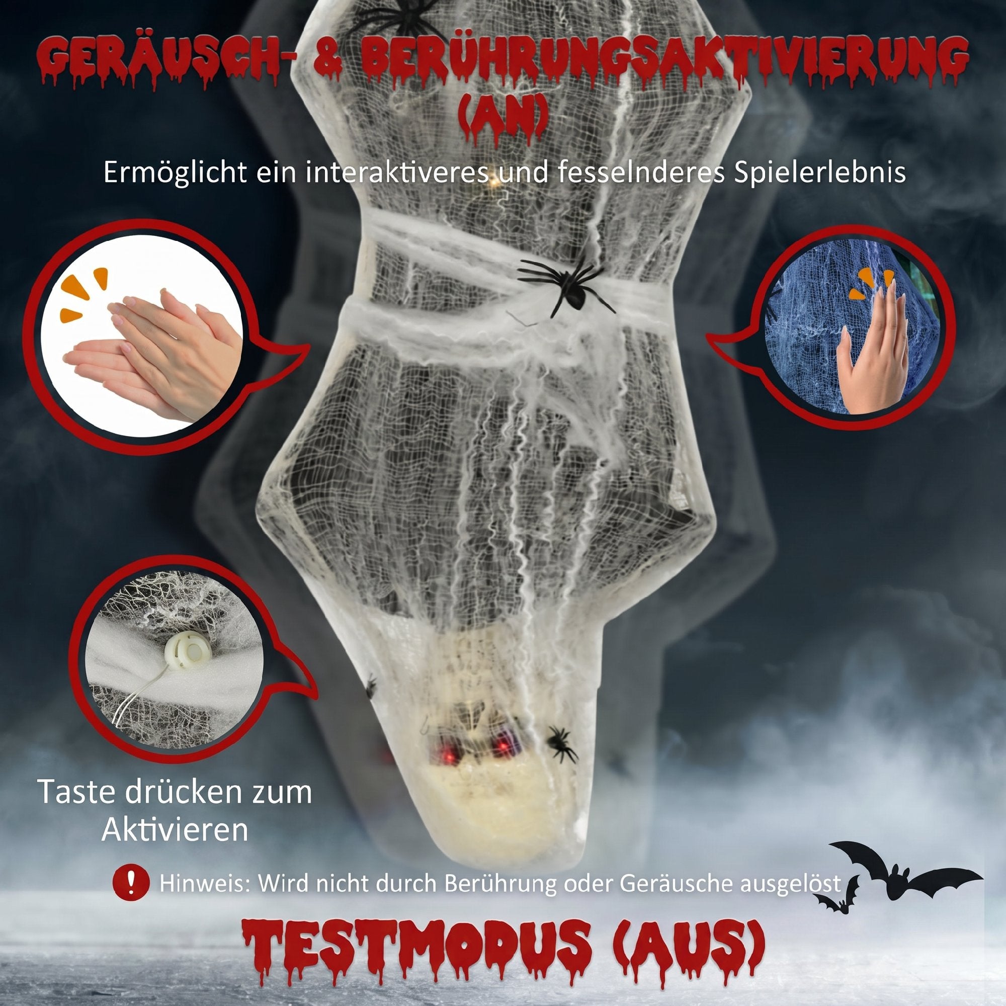 Halloween-Mumie, Halloween-Dekoration, Soundfunktion, mit Bewegungssensor und LED-Lichtern, 60 cm x 16 cm x 170 cm