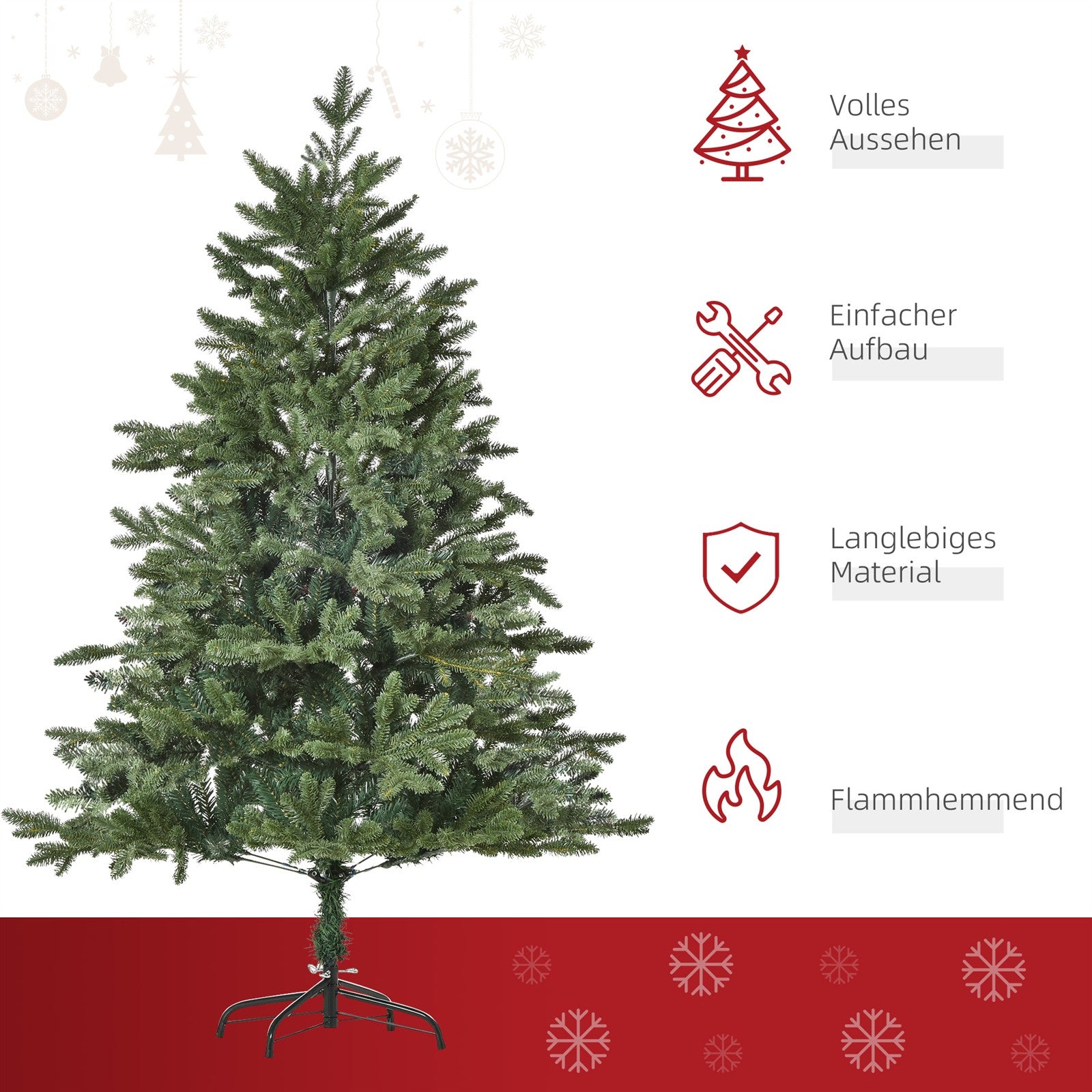 Künstlicher Weihnachtsbaum 150 cm Tannenbaum künstlich mit 444 Spitzen, 3 verschiedenen Blätterformen flammhemmend Christbaum mit Metallständer für drinnen