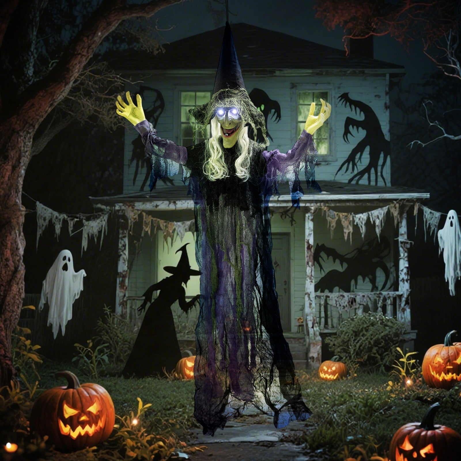 183cm Halloween Dekoration Hängende Halloween Hexe mit LED-Lichter, Soundfunktion verstellbare Arme, Mund