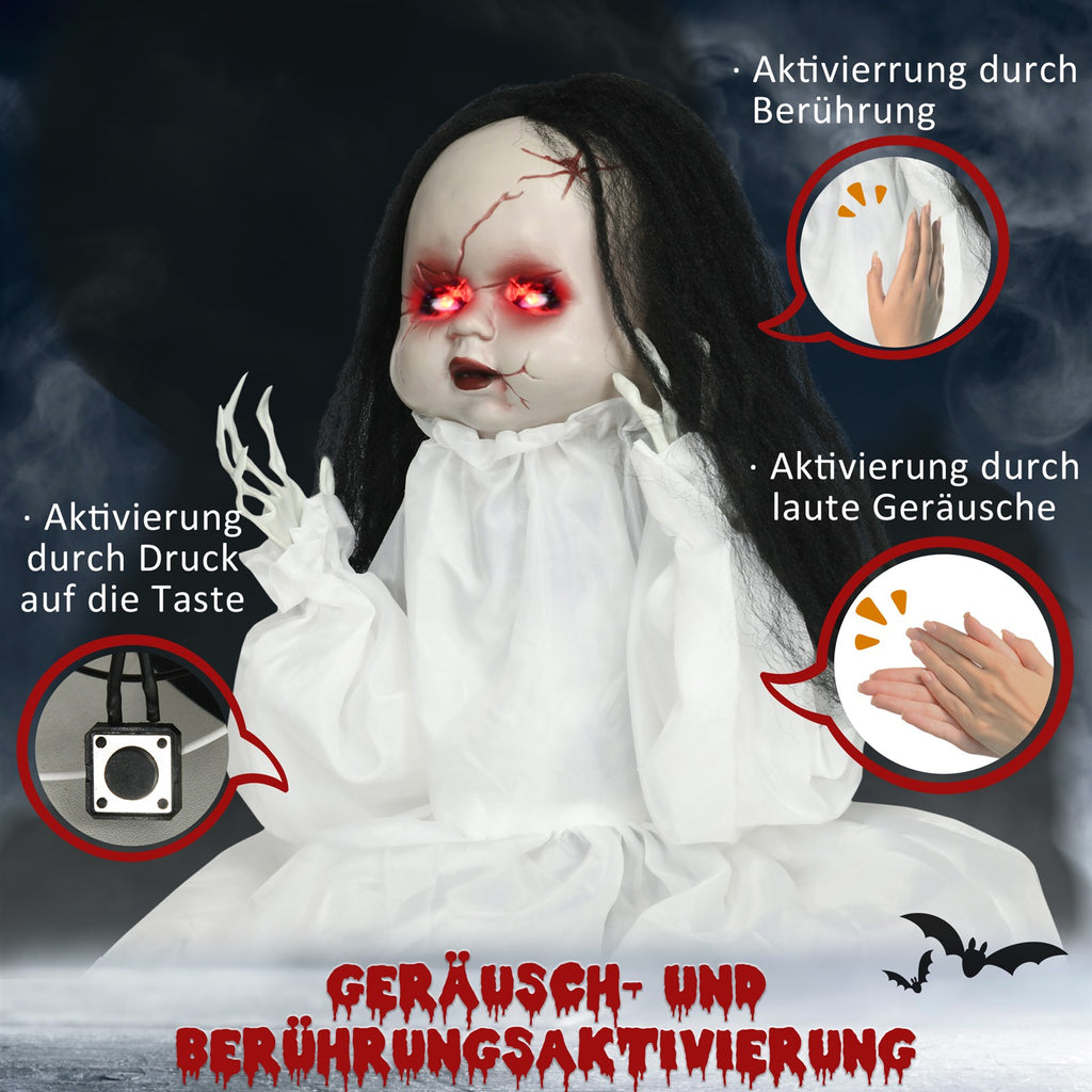 Halloween-Dekoration Horrorpuppe, LED-Augen, heult, springt hoch, Geräusch- & Bewegungssensor, 60 cm
