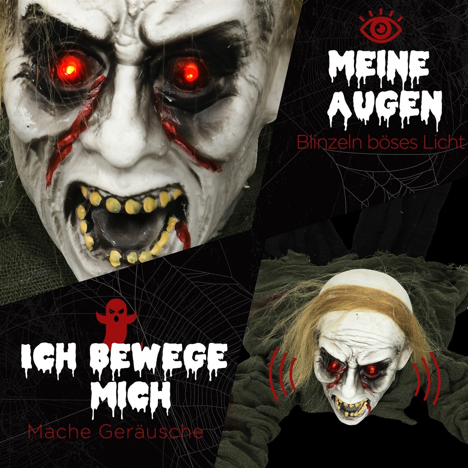 Halloweendekoration, kriechender Zombie, aktiviert durch Berührung/Geräusche, leuchtende Augen