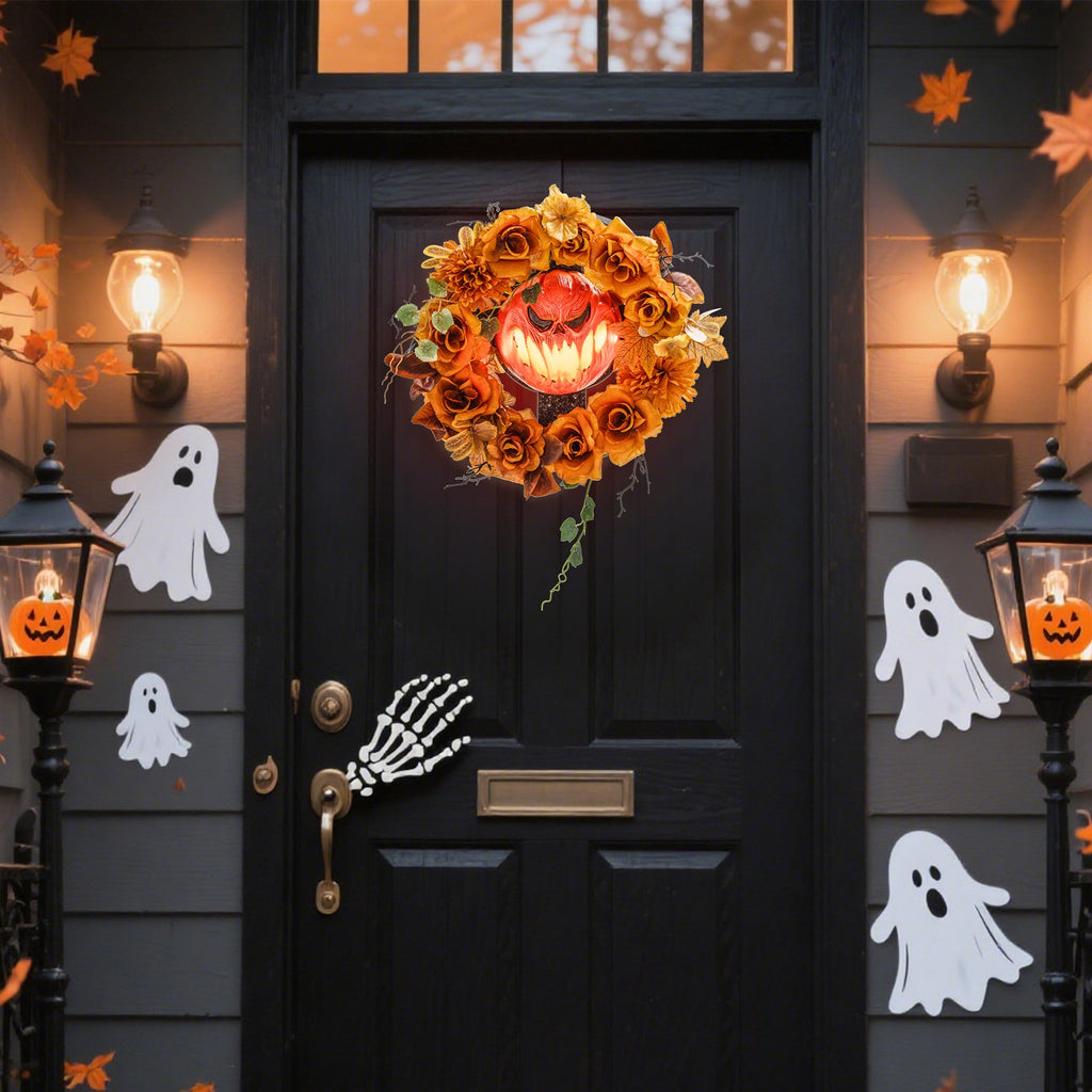 Halloween-Kranz, Grusel-Kürbis-Design, Herbstblätter, Lichteffekte, Kunststoff