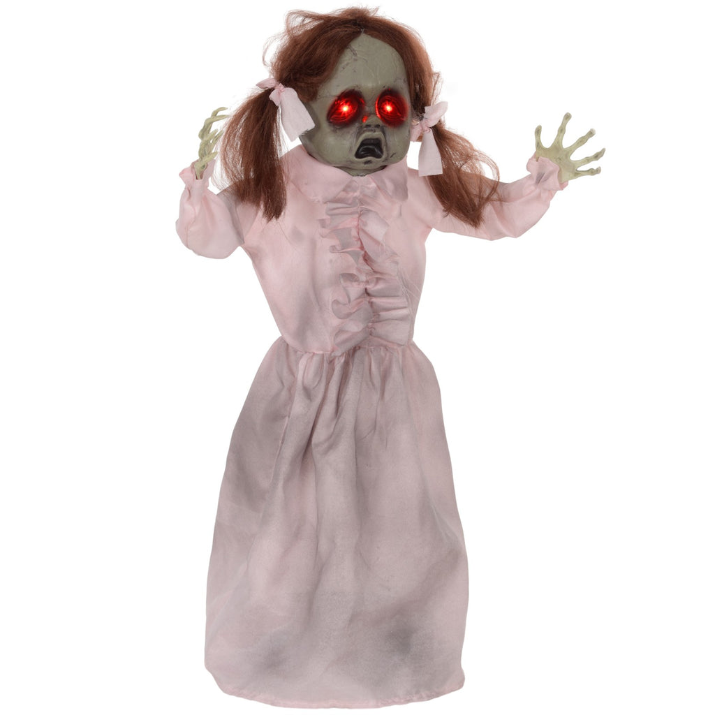 Horrorpuppe, Helloweendeko, aktiviert mit Geräusche/Berührung, rote Augen, Sound, 76 cm