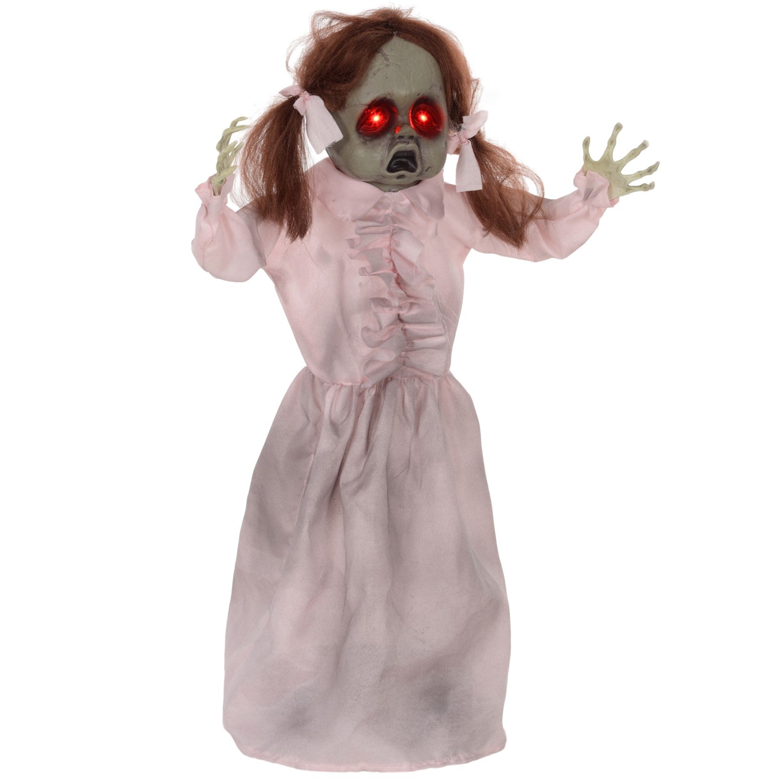 Horrorpuppe, Helloweendeko, aktiviert mit Geräusche/Berührung, rote Augen, Sound, 76 cm