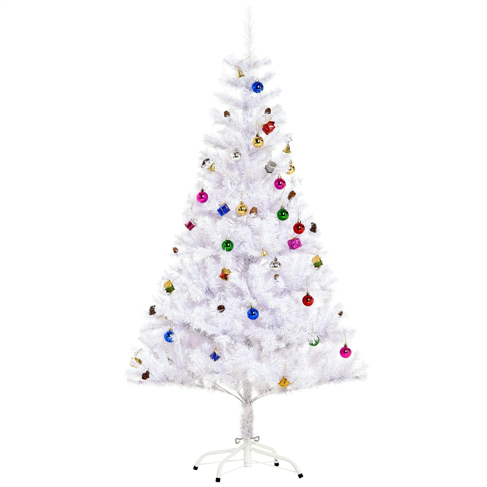 Künstlicher Weihnachtsbaum 150 cm künstlich Tannenbaum mit Kugeln, Glocken, Trommeln, Geschenkboxen, Christbaum mit 680 Spitzen, 12 Tannenzapfen Weihnachtsdeko inkl. Metallständer für drinnen