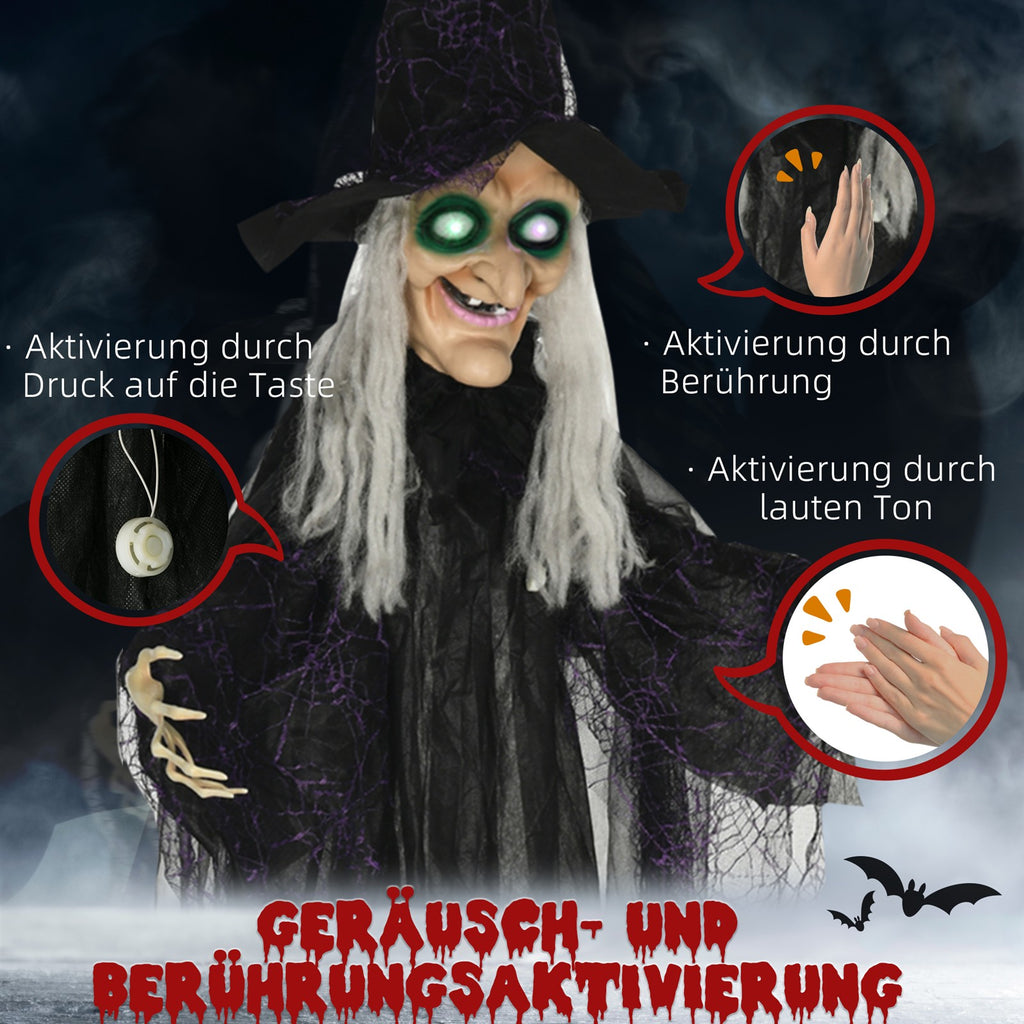 Halloween-Hexe, Halloween-Dekoration, Soundfunktion, mit Bewegungssensor, LED-Lichter, 130 cm x 18 cm x 183 cm