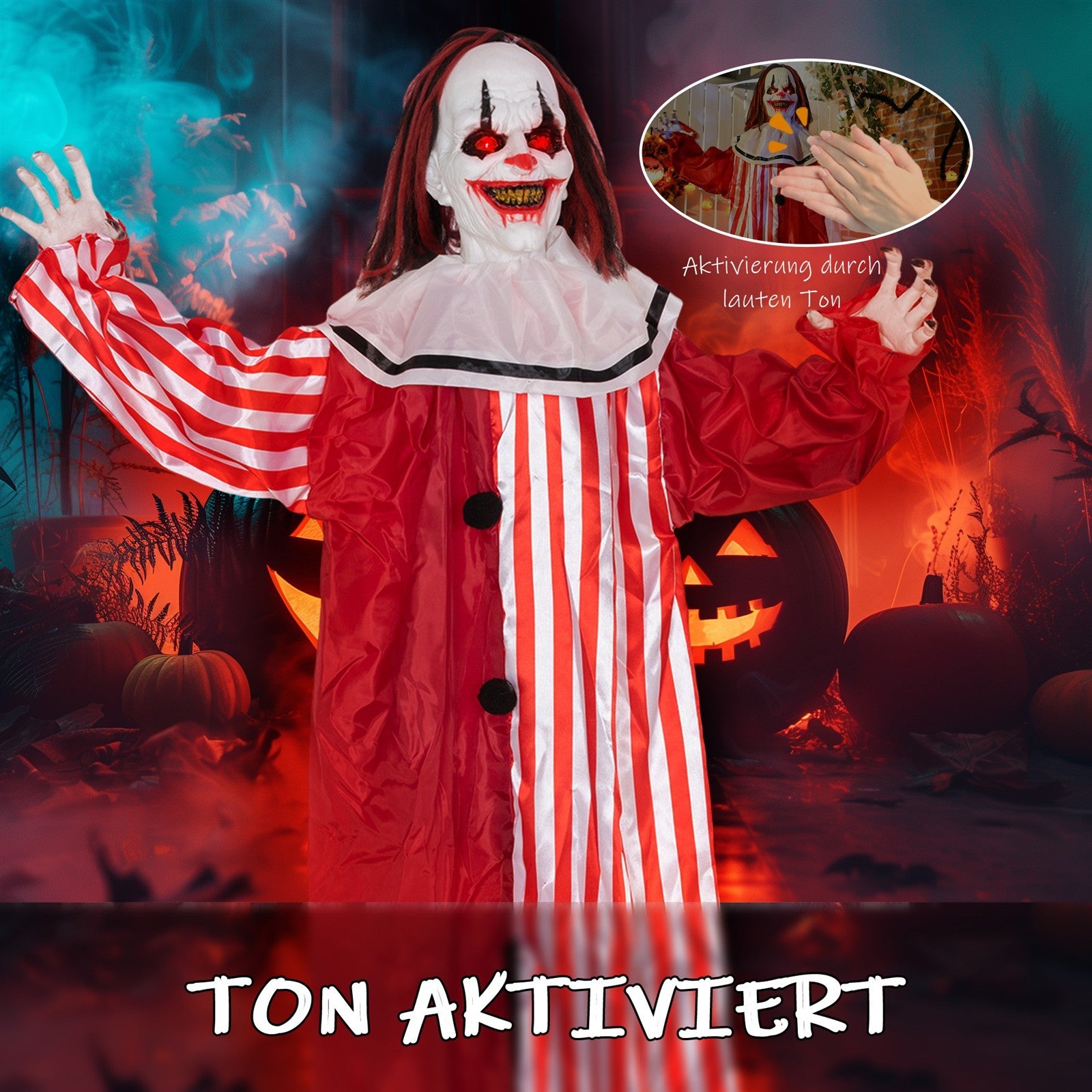 165 cm Halloween Dekoration Halloween Clown mit LED-Lichter, Soundfunktion Körper-Effekt