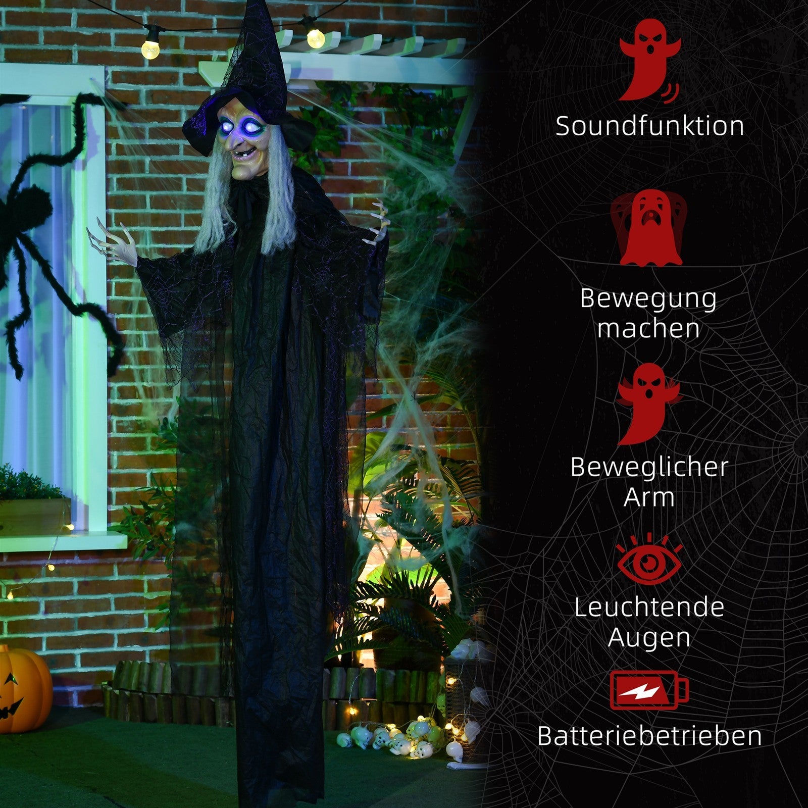 Halloween-Hexe, Halloween-Dekoration, Soundfunktion, mit Bewegungssensor, LED-Lichter, 130 cm x 18 cm x 183 cm
