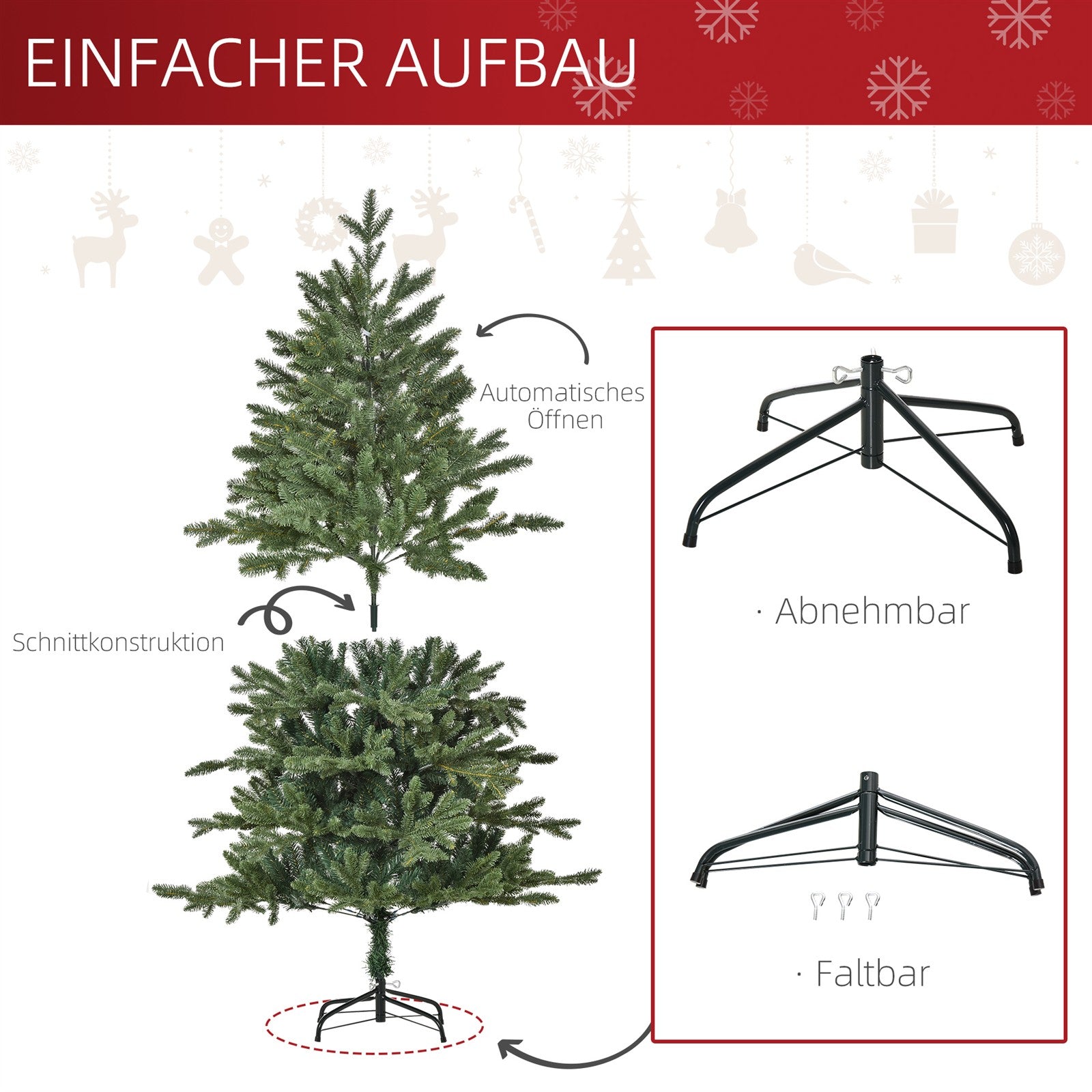 Künstlicher Weihnachtsbaum 150 cm Tannenbaum künstlich mit 444 Spitzen, 3 verschiedenen Blätterformen flammhemmend Christbaum mit Metallständer für drinnen