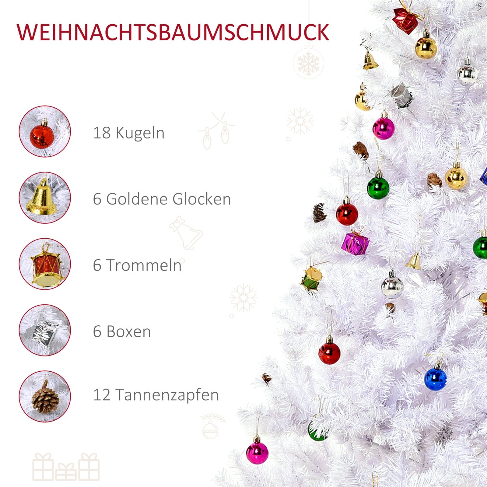 Künstlicher Weihnachtsbaum 150 cm künstlich Tannenbaum mit Kugeln, Glocken, Trommeln, Geschenkboxen, Christbaum mit 680 Spitzen, 12 Tannenzapfen Weihnachtsdeko inkl. Metallständer für drinnen