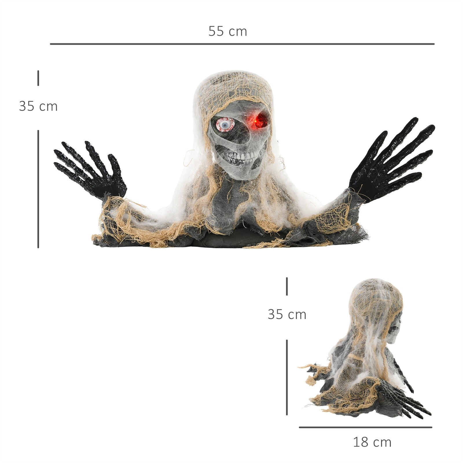 Halloweendekoration, einäugige Mumie, biegsame Arme, leuchtende Augen, gruseliges Heulen, 55x18x35 cm