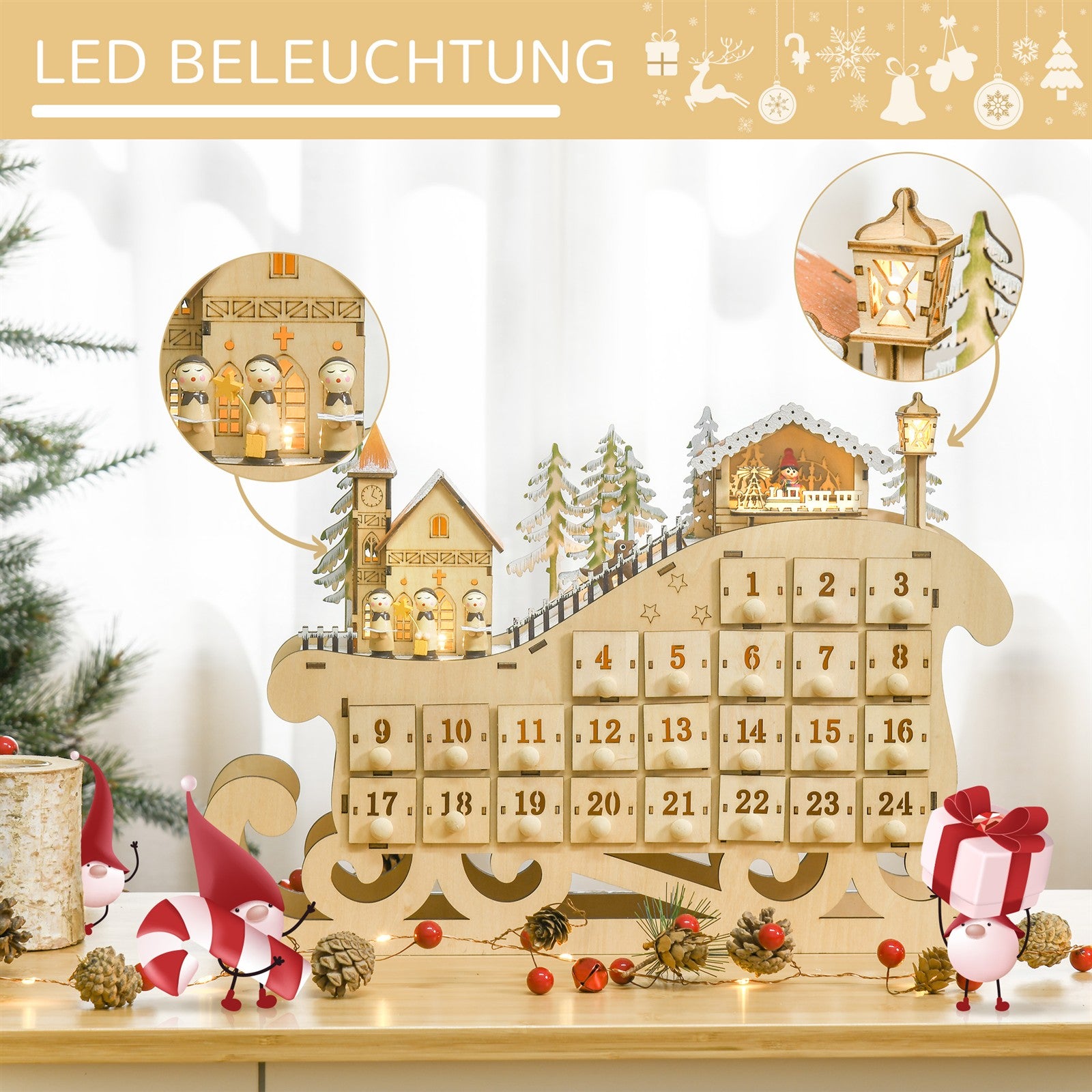 Adventskalender zum Befüllen mit 24 Schubladen LED-Lichtern Schlitten-Form, DIY Weihnachtskalender Weihnachts-Countdown-Kalender Geschenk für Kinder Erwachsene