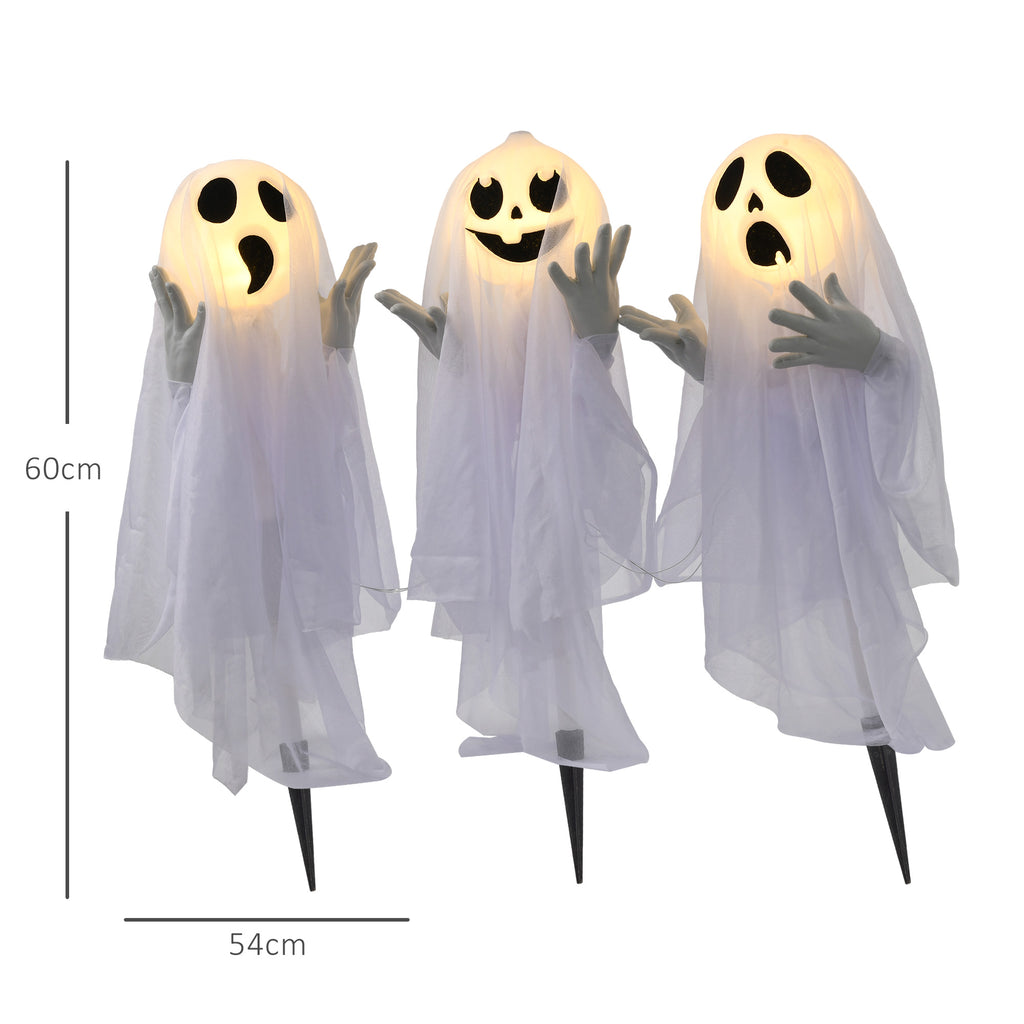 Halloweendekoration, 3 leuchtende Geister, Bewegungssensor, 54 x 10 x 60 cm, Weiß