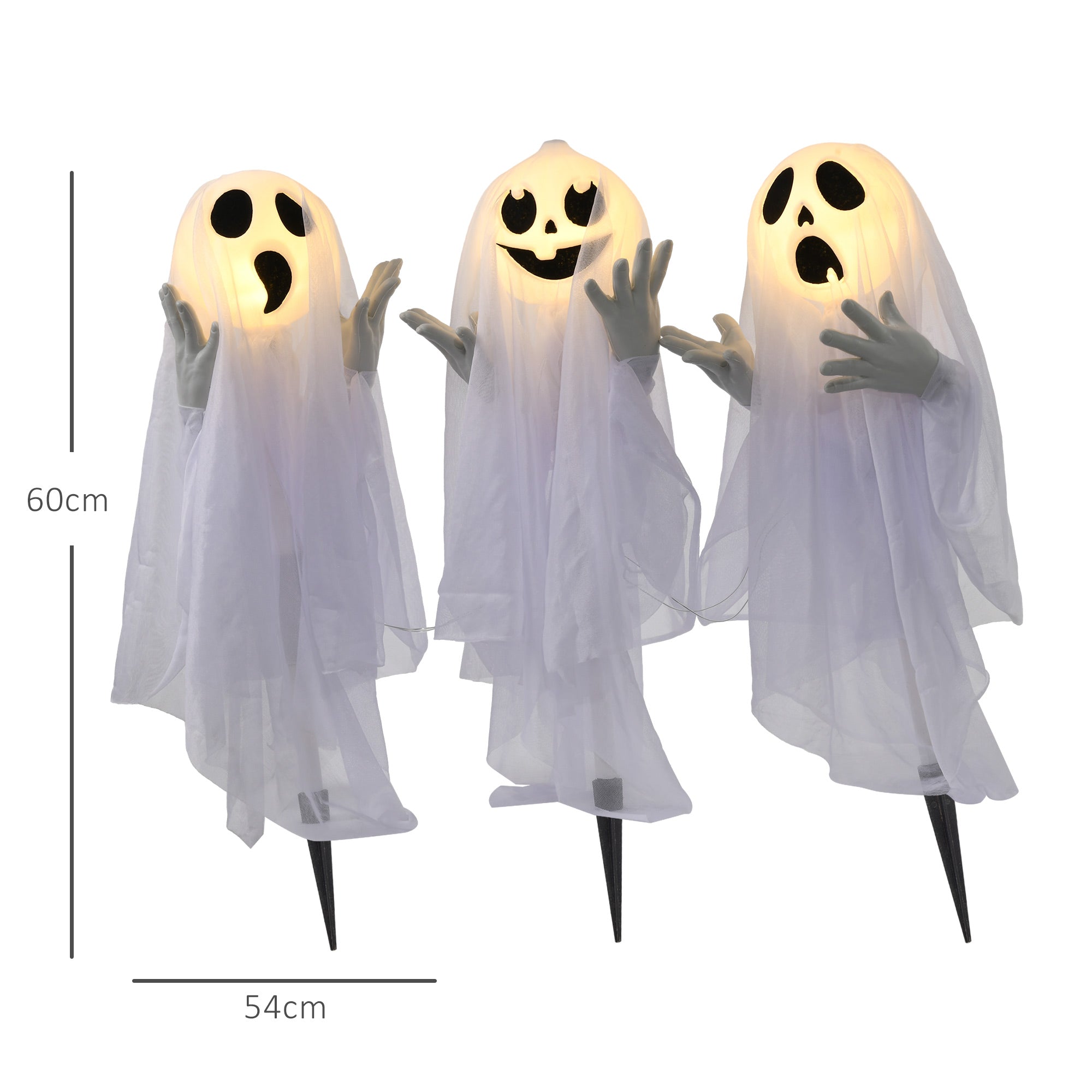 Halloweendekoration, 3 leuchtende Geister, Bewegungssensor, 54 x 10 x 60 cm, Weiß