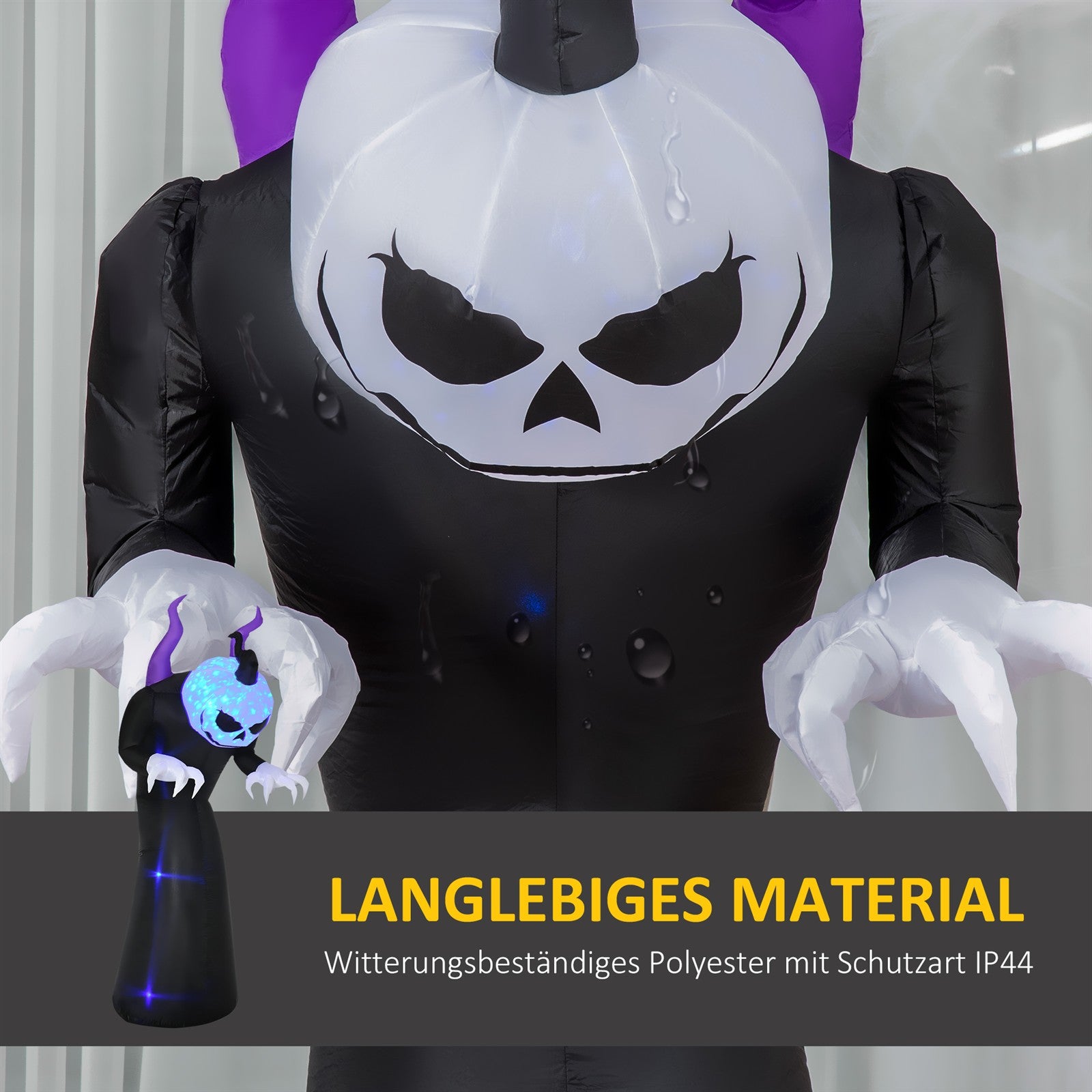 Gespenst mit Kürbiskopf Halloweendeko aufblasbar mit blauem Flammeneffekt 88 x 79 x 210cm