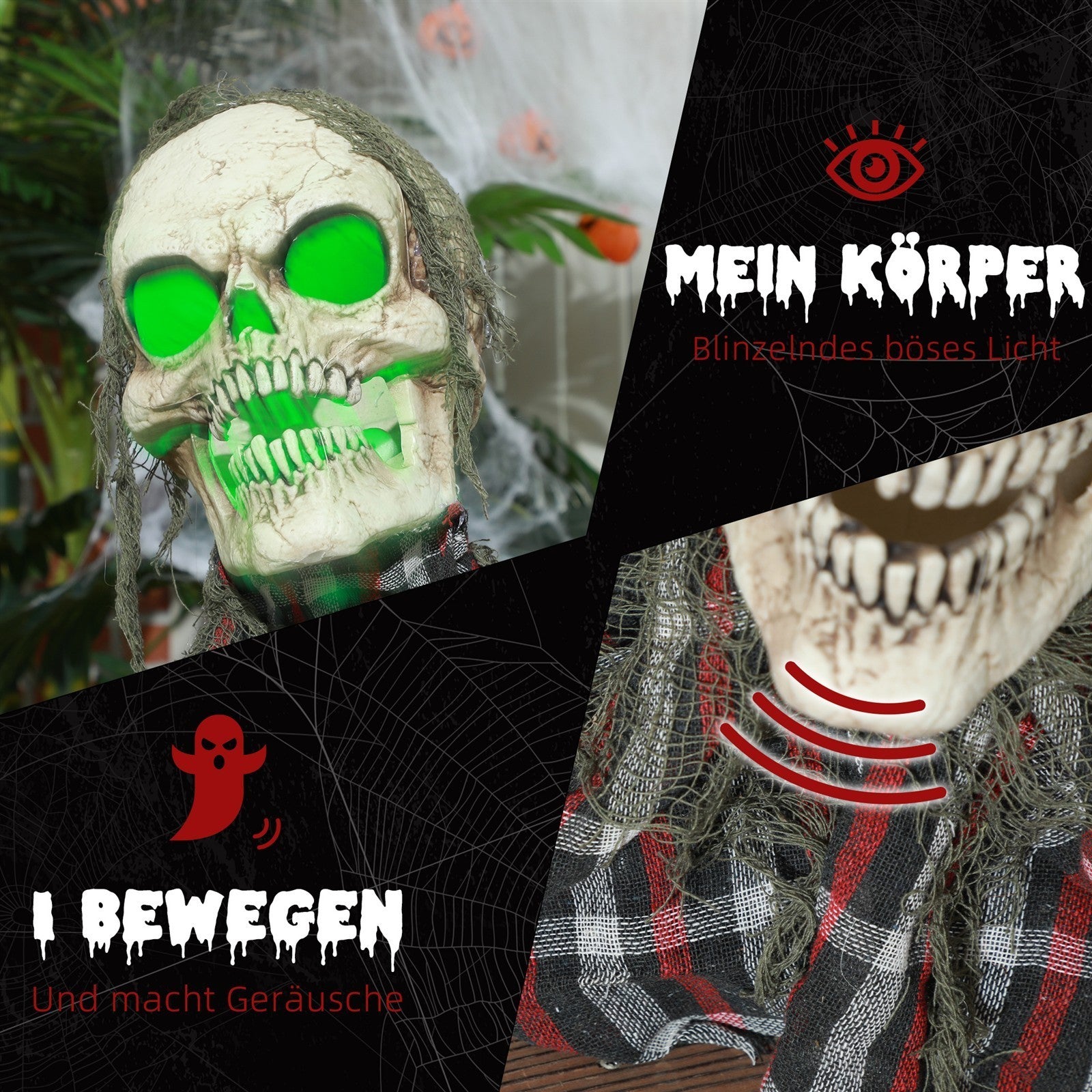 Halloweendekoration Groundbreaker-Skelett, biegsame Arme, leuchtende Augen, unheimliches Heulen