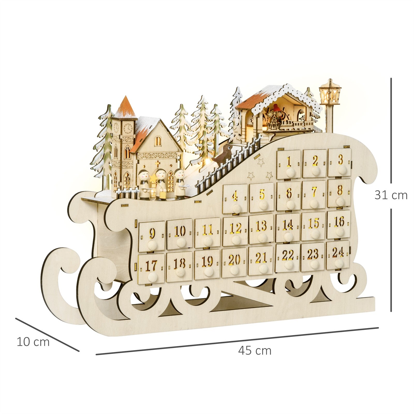Adventskalender zum Befüllen mit 24 Schubladen LED-Lichtern Schlitten-Form, DIY Weihnachtskalender Weihnachts-Countdown-Kalender Geschenk für Kinder Erwachsene