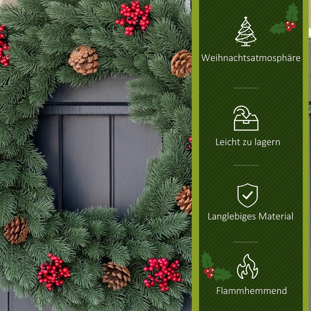 Weihnachtskranz 60 cm Türkranz mit 40 LEDs Zapfen roten Beeren Künstlicher Weihnachtskranz Weihnachten Adventskranz Haustür Kränze für Außen, Innen, Advent, Fenster