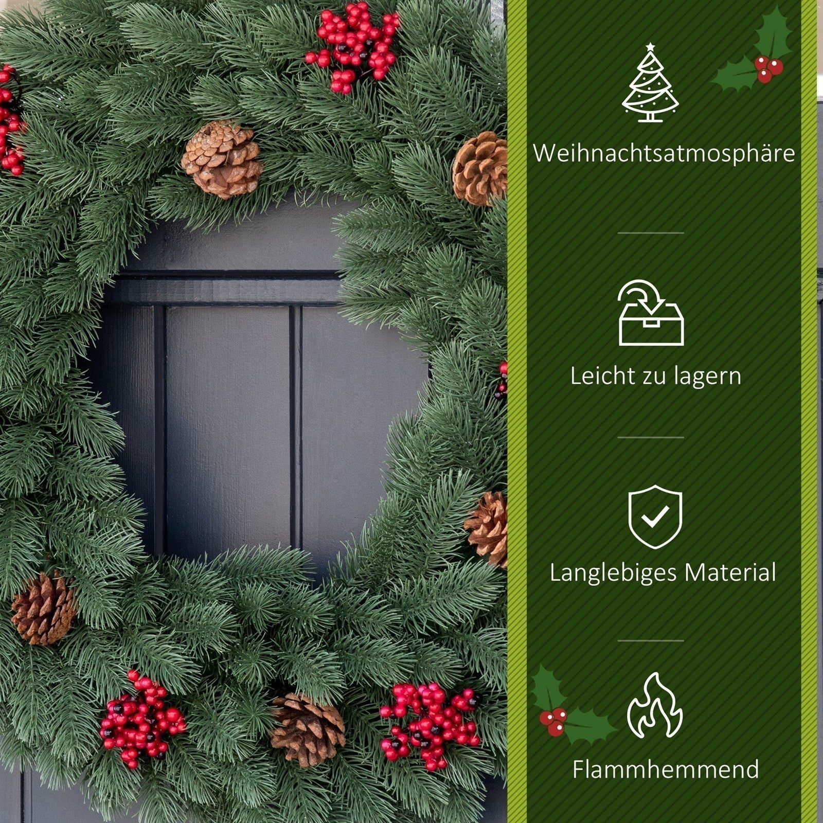 Weihnachtskranz 60 cm Türkranz mit 40 LEDs Zapfen roten Beeren Künstlicher Weihnachtskranz Weihnachten Adventskranz Haustür Kränze für Außen, Innen, Advent, Fenster
