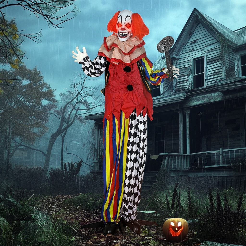 Grusel-Clown, Halloween-Animatronik, 173 cm, leuchtende Augen, Geräusch-Aktivierung, bewegliche Arme und Kopf, Batteriebetrieb, Kunststoff, Metall, Rot