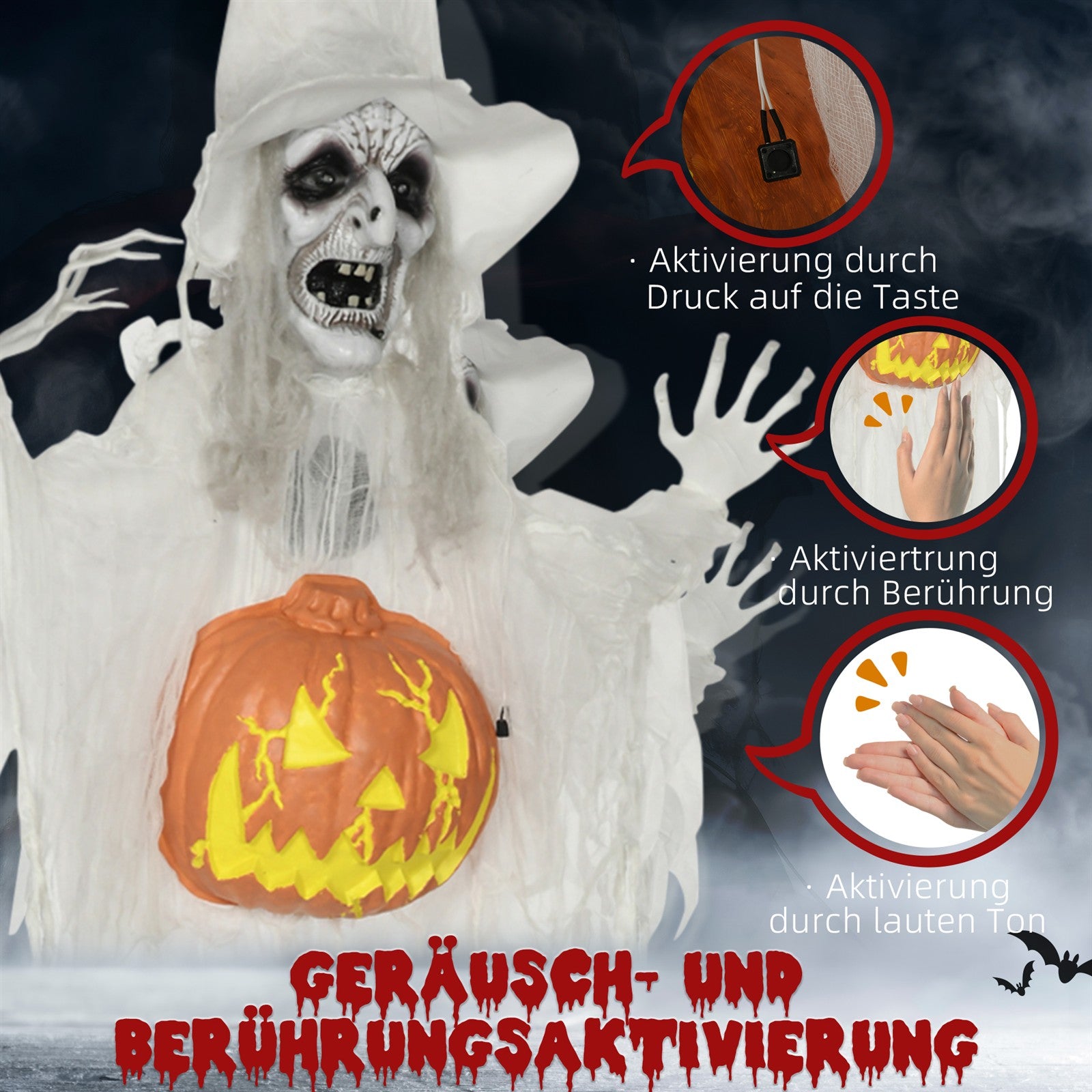 Halloween-Geist, Halloween-Dekoration, Soundfunktion, mit Bewegungssensor und LED-Lichtern, 60 cm x 18 cm x 183 cm