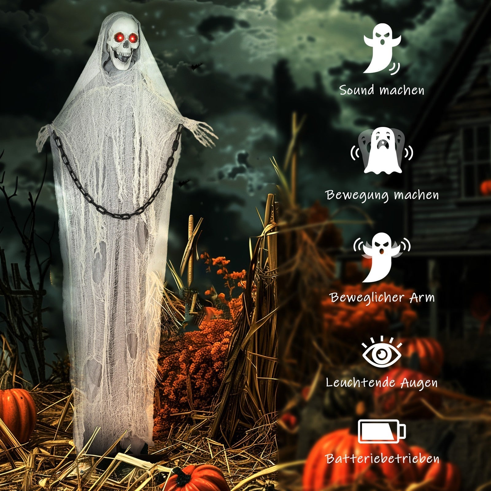 Halloween Deko Sensenmann Outdoor 183cm Animiert Sprechende Halloween Sensenmann mit Leuchtenden Augen gruseligem Sound Halloweendeko Halloween-Dekoration für Tür Garten Party Hof Spukhaus
