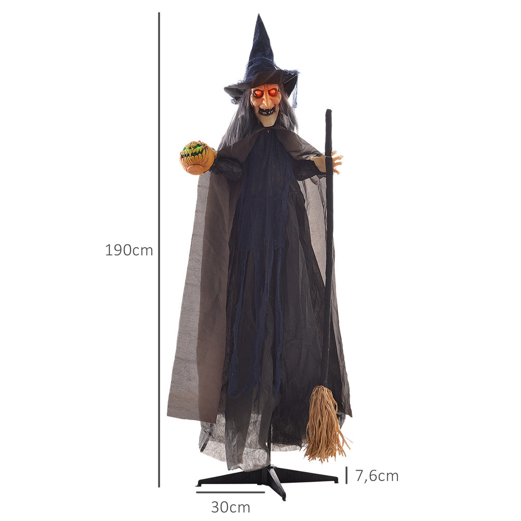 Halloweendekoration Hexe mit Besen, leuchtende Augen, gruselige Geräusche, biegsame Arme, 107x65x190 cm