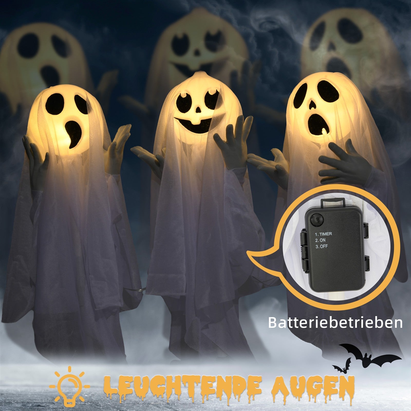 Halloweendekoration, 3 leuchtende Geister, Bewegungssensor, 54 x 10 x 60 cm, Weiß