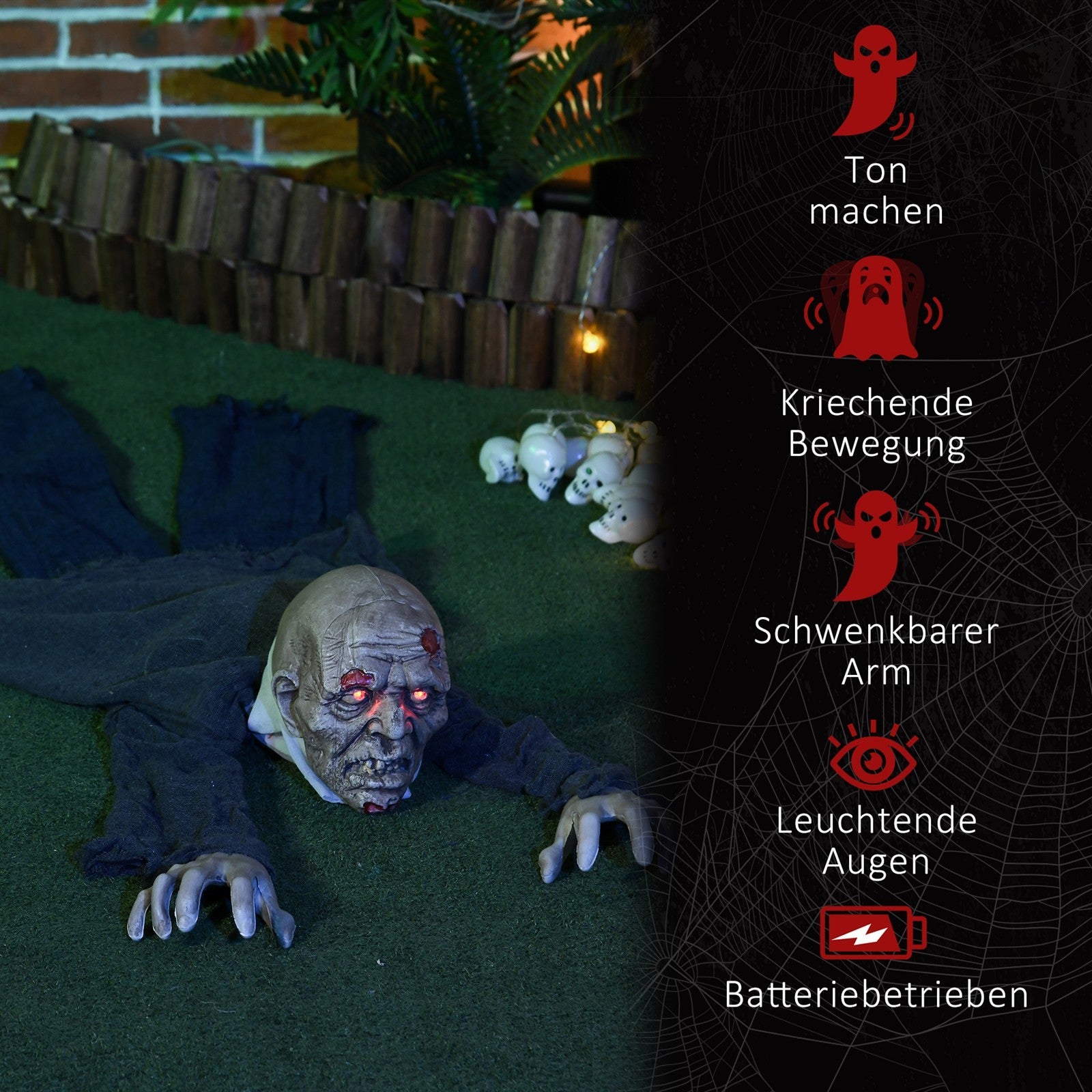 Halloween-Dekoration Zombie, LED-Augen, heult und kriecht, Geräusch- & Bewegungssensor, batteriebetrieben, 159 cm