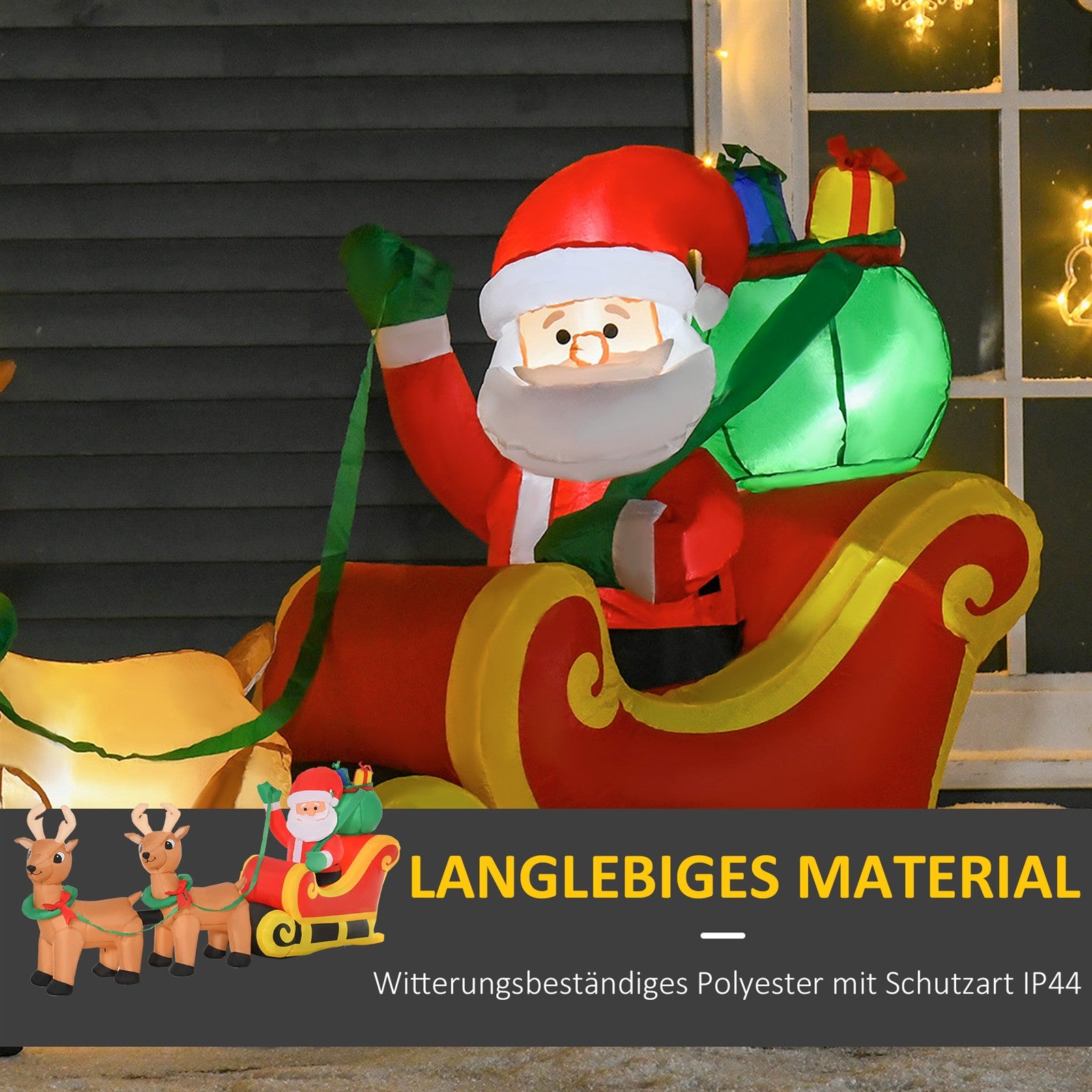 Aufblasbarer Weihnachtsmann mit Schlitten, 6 LED-Lichter, wasserdicht, 240 x 57 x 112 cm