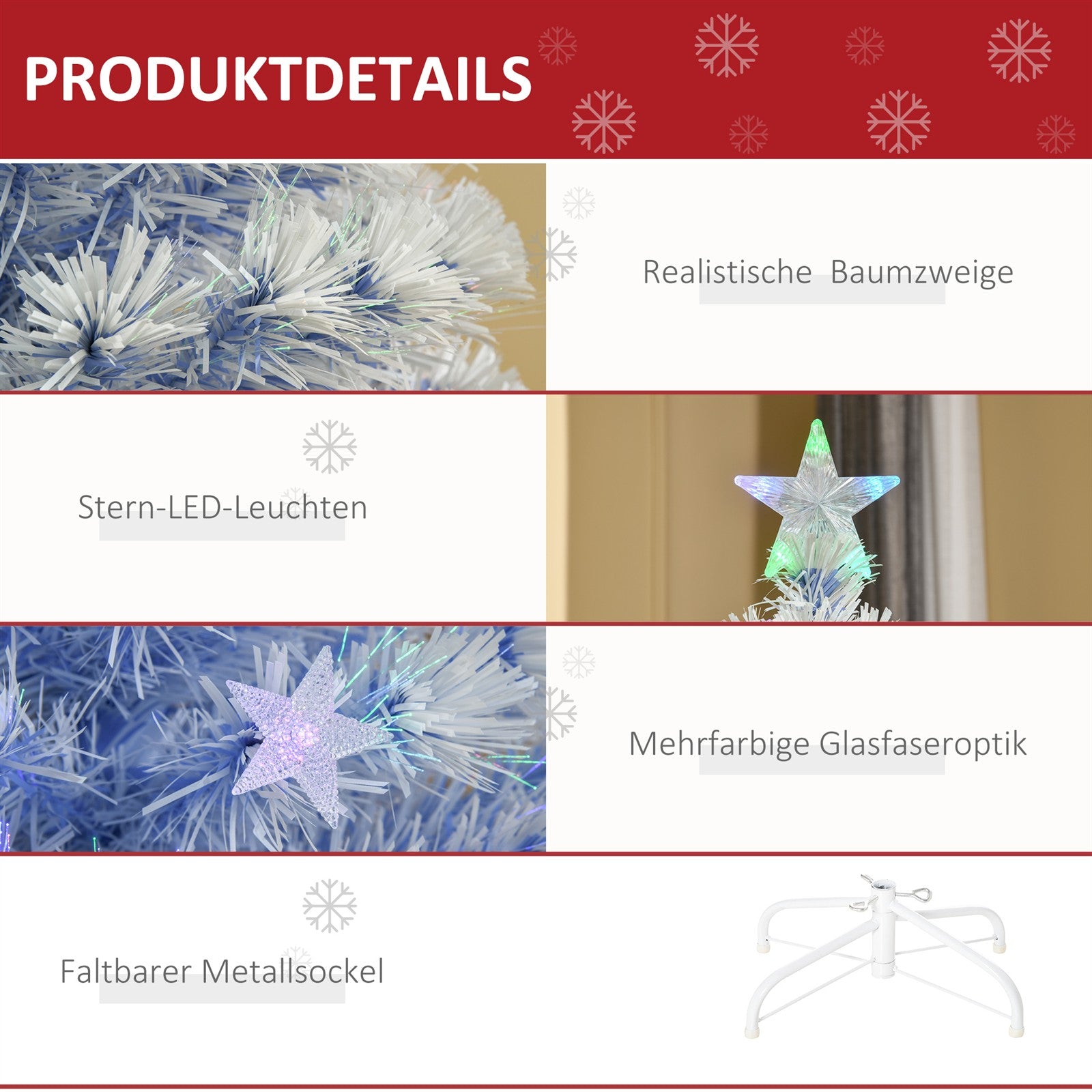 Künstlicher Weihnachtsbaum 120 cm Christbaum künstlich mit Glasfaser und LED-Beleuchtung, 130 Spitzen Tannenbaum inkl. Stahlständer für Drinnen Weiß+Blau