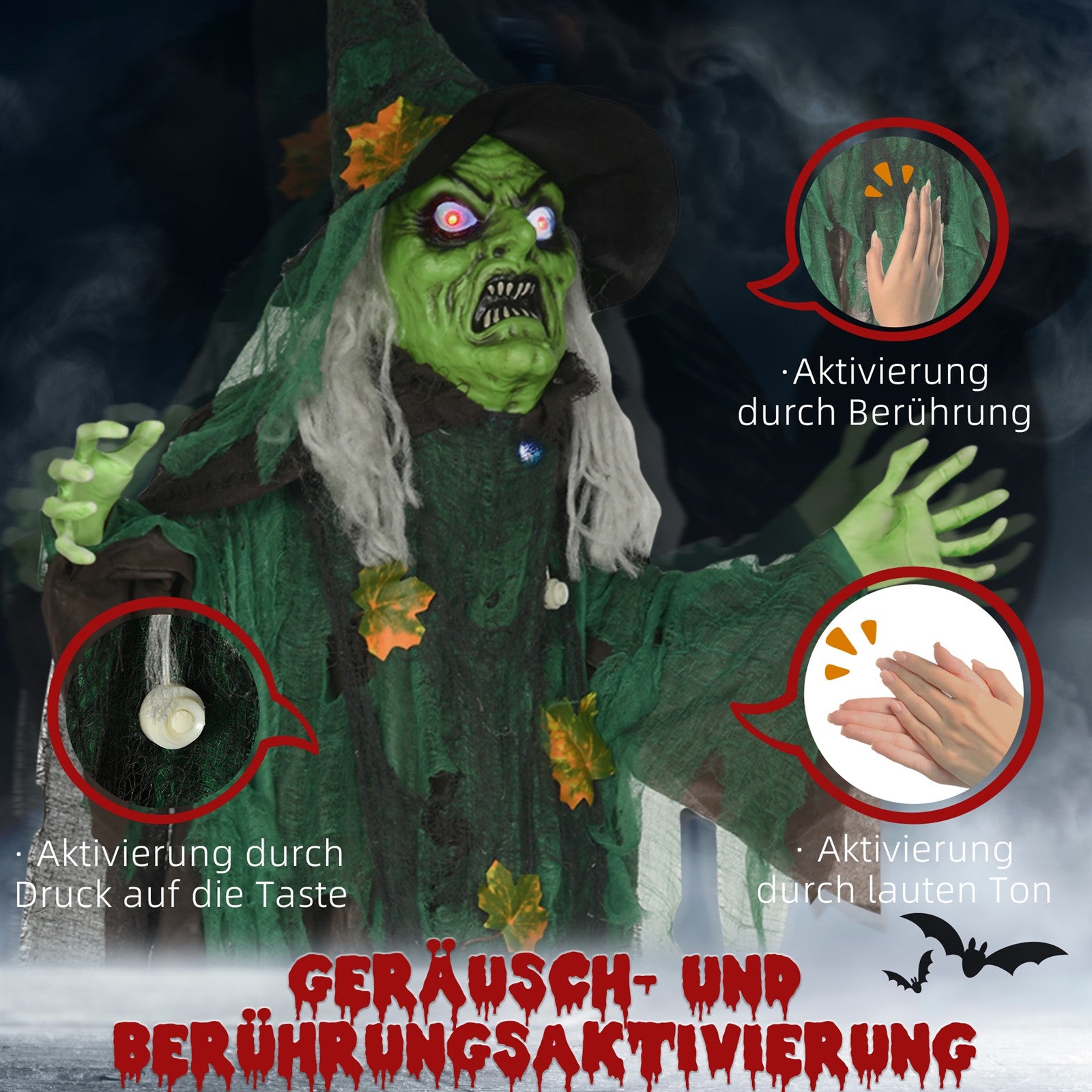 Halloween-Hexe, Halloween-Dekoration, Soundfunktion, mit Bewegungssensor und LED-Lichtern, 60 cm x 18 cm x 183 cm