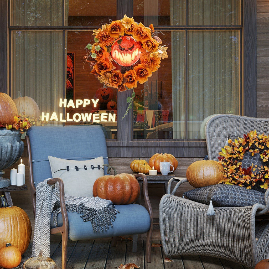 Halloween-Kranz, Grusel-Kürbis-Design, Herbstblätter, Lichteffekte, Kunststoff