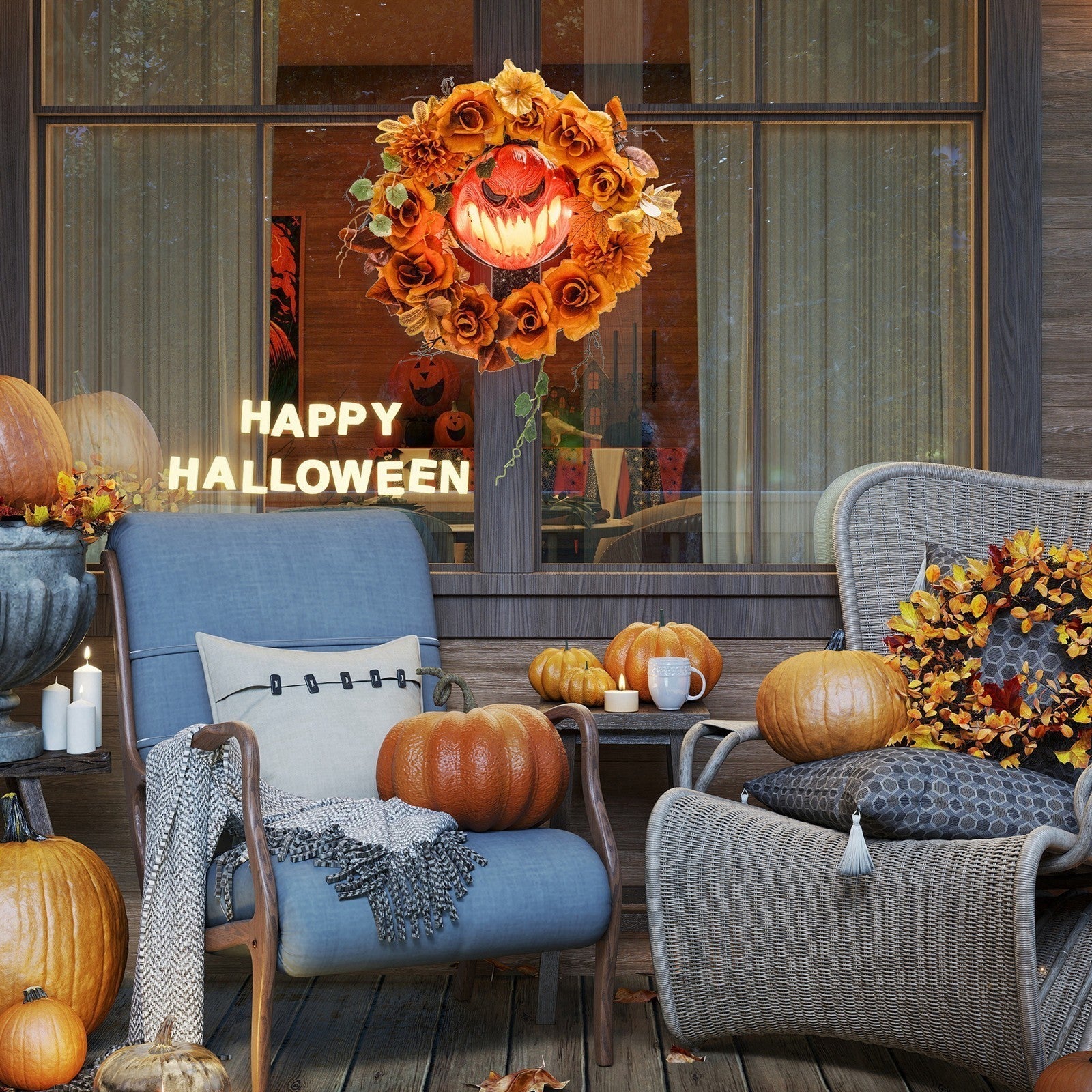 Halloween-Kranz, Grusel-Kürbis-Design, Herbstblätter, Lichteffekte, Kunststoff