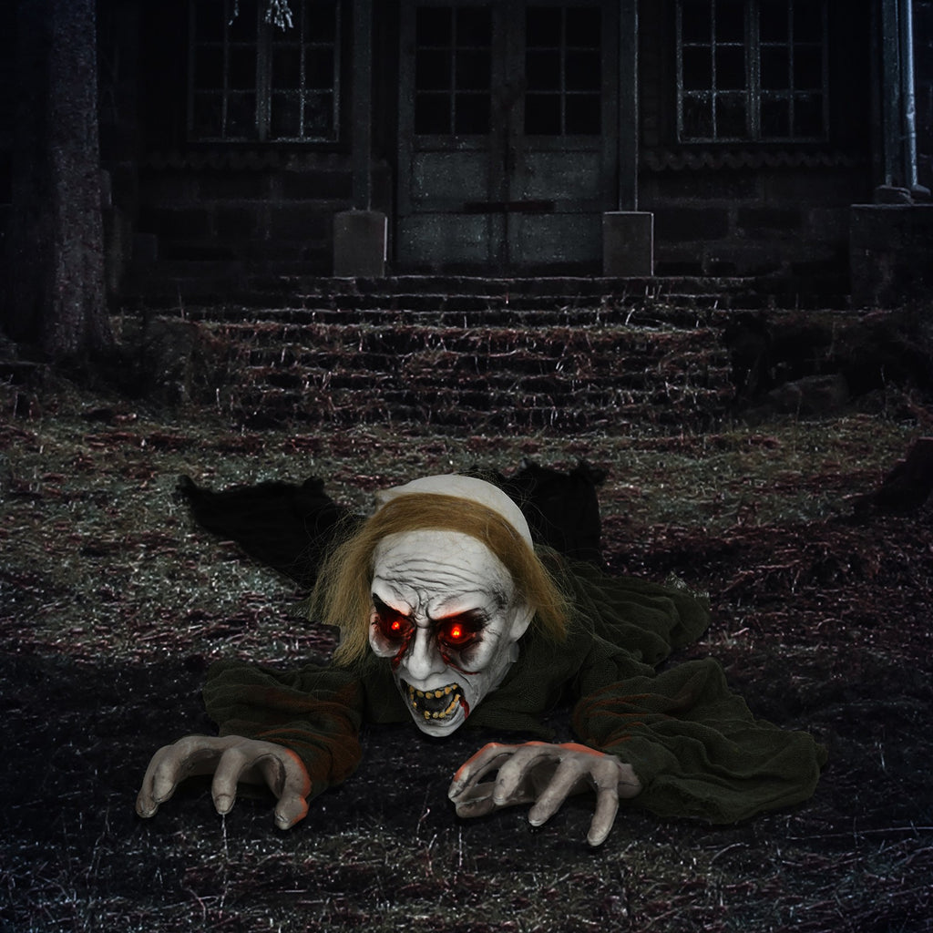 Halloweendekoration, kriechender Zombie, aktiviert durch Berührung/Geräusche, leuchtende Augen