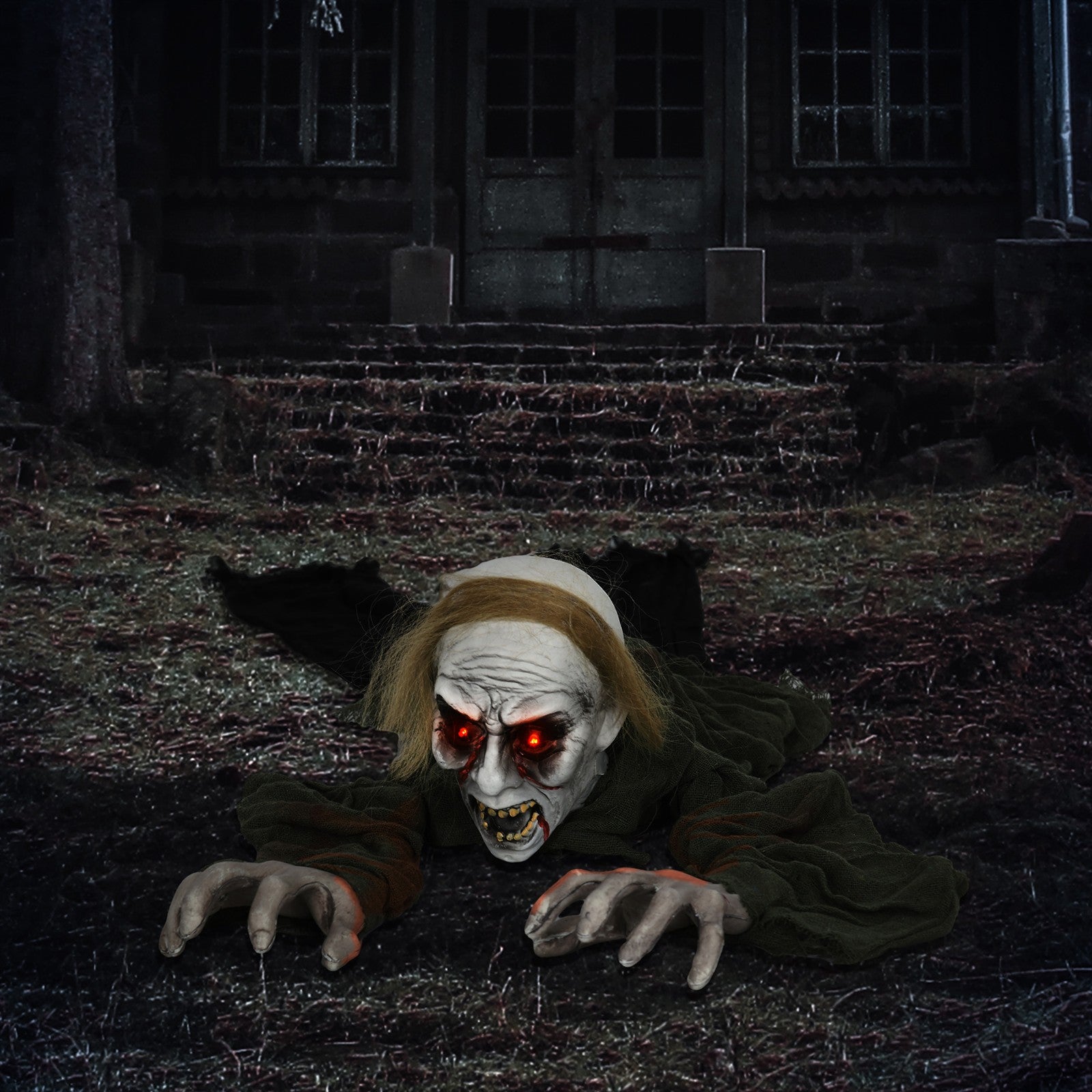 Halloweendekoration, kriechender Zombie, aktiviert durch Berührung/Geräusche, leuchtende Augen