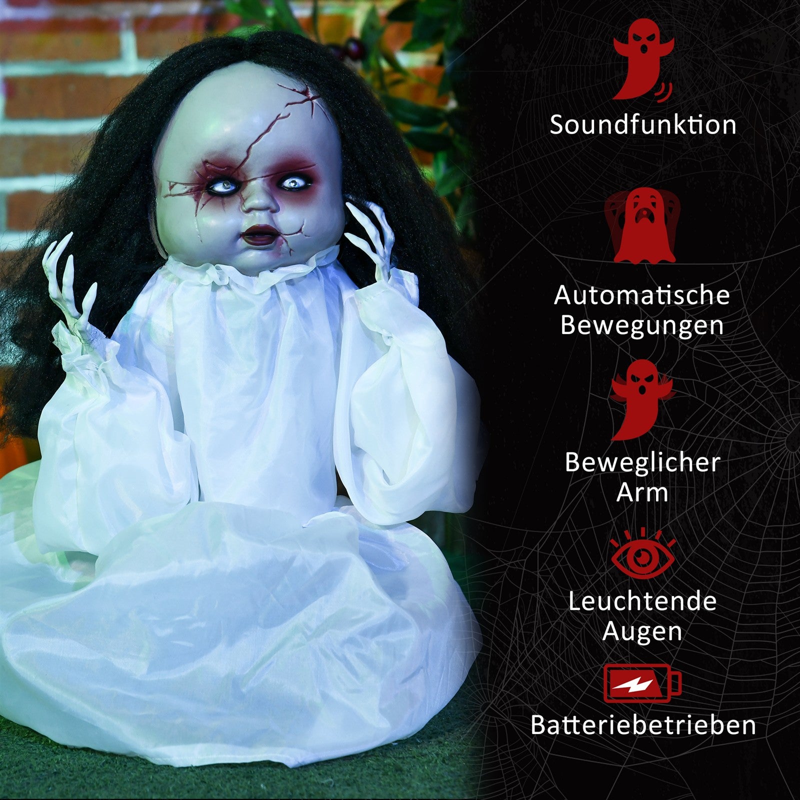 Halloween-Dekoration Horrorpuppe, LED-Augen, heult, springt hoch, Geräusch- & Bewegungssensor, 60 cm