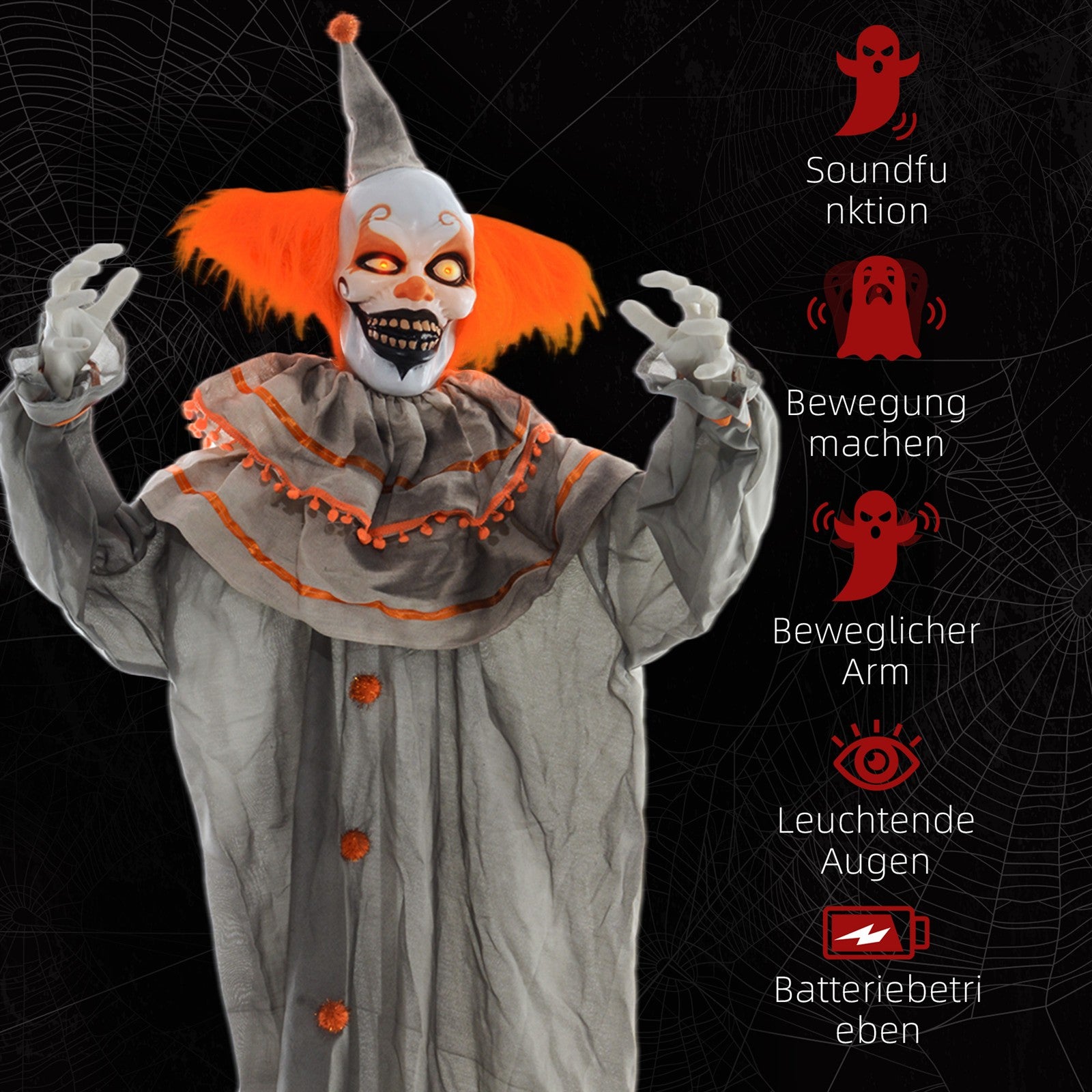 Halloweendekoration Clown, biegsame Arme, aktiviert durch Berührung/Geräusche, leuchtende Augen