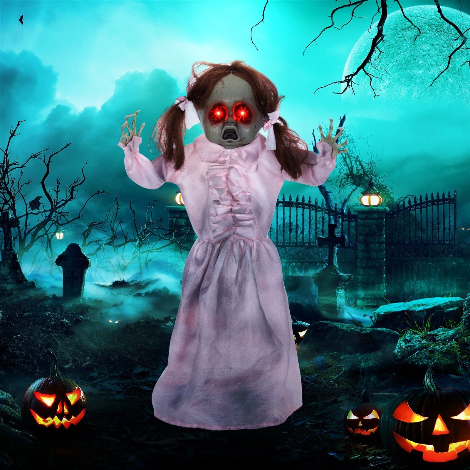 Horrorpuppe, Helloweendeko, aktiviert mit Geräusche/Berührung, rote Augen, Sound, 76 cm
